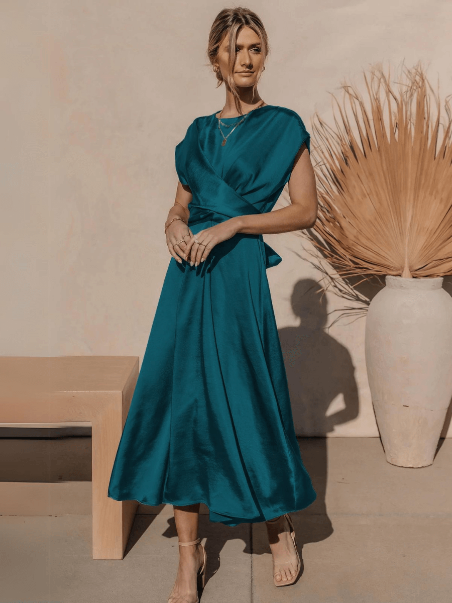 Theia Satin Short Sleeve Midi Dress - Teal