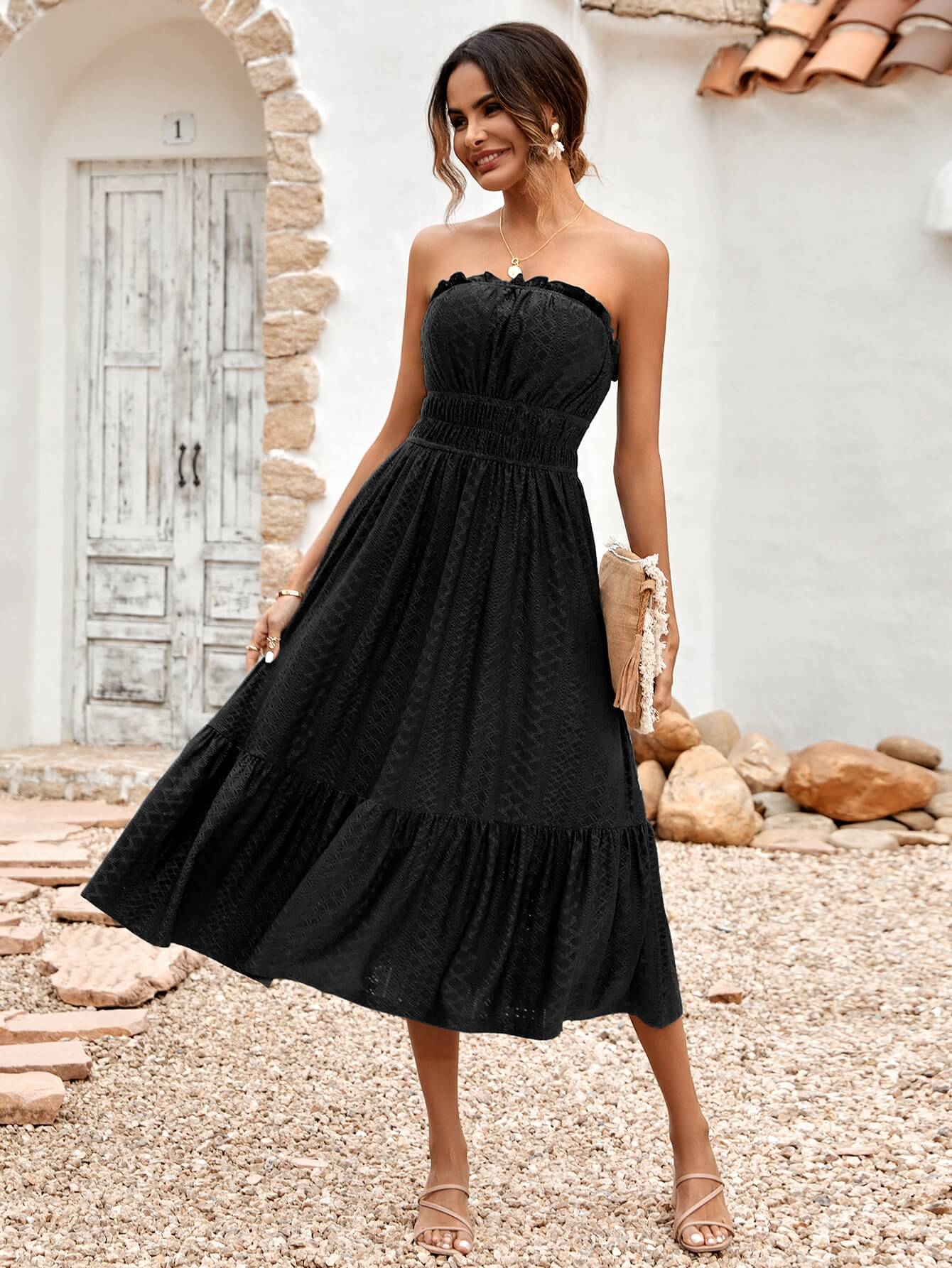 THE NEW YOU STRAPLESS LACE MIDI DRESS - BLACK