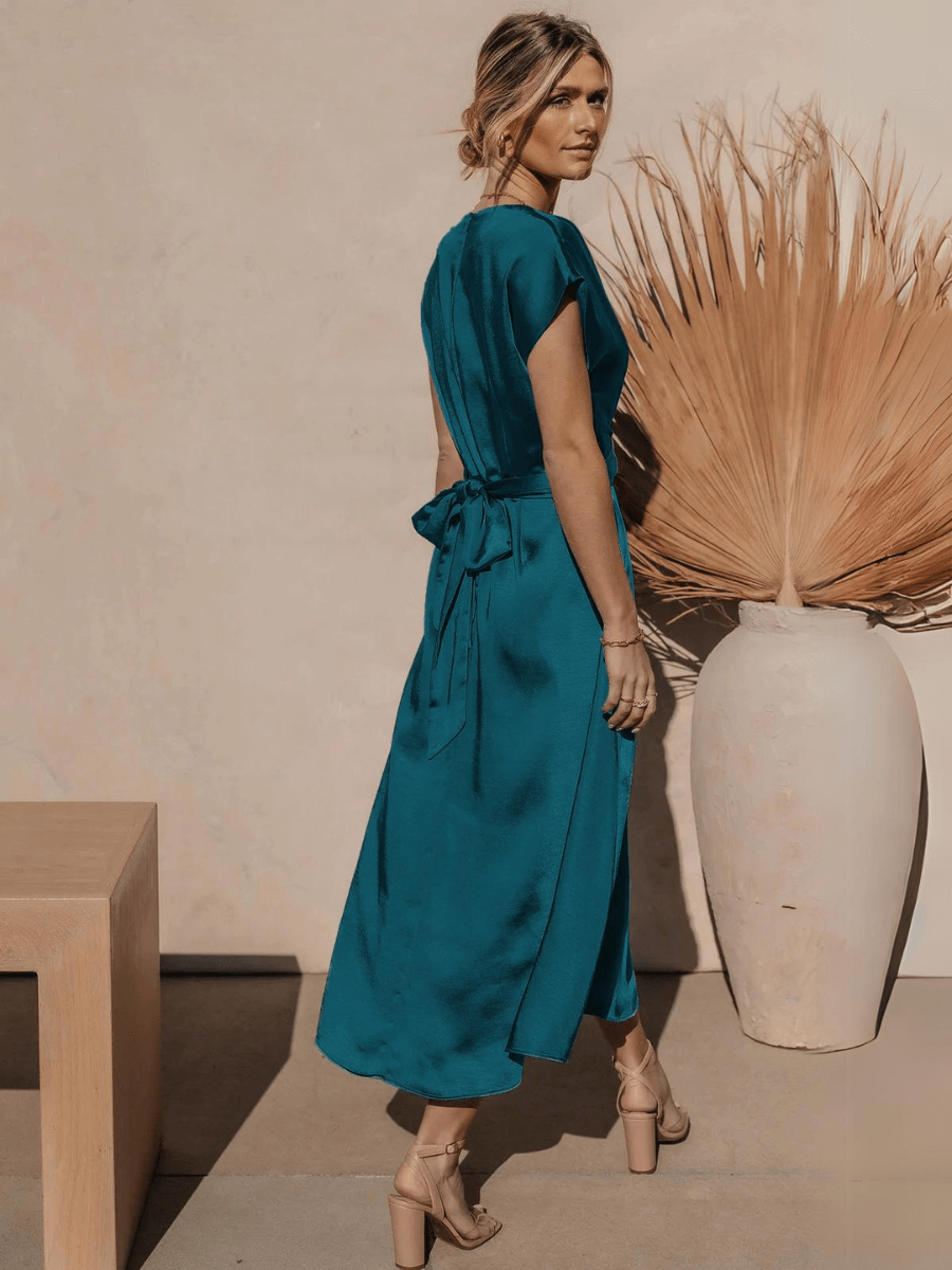 Theia Satin Short Sleeve Midi Dress - Teal