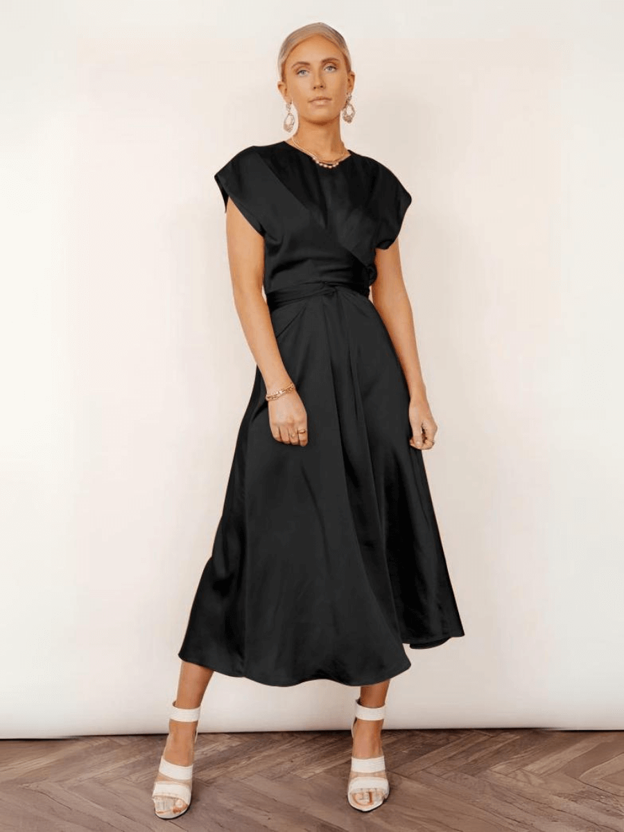 Theia Satin Short Sleeve Midi Dress - Black