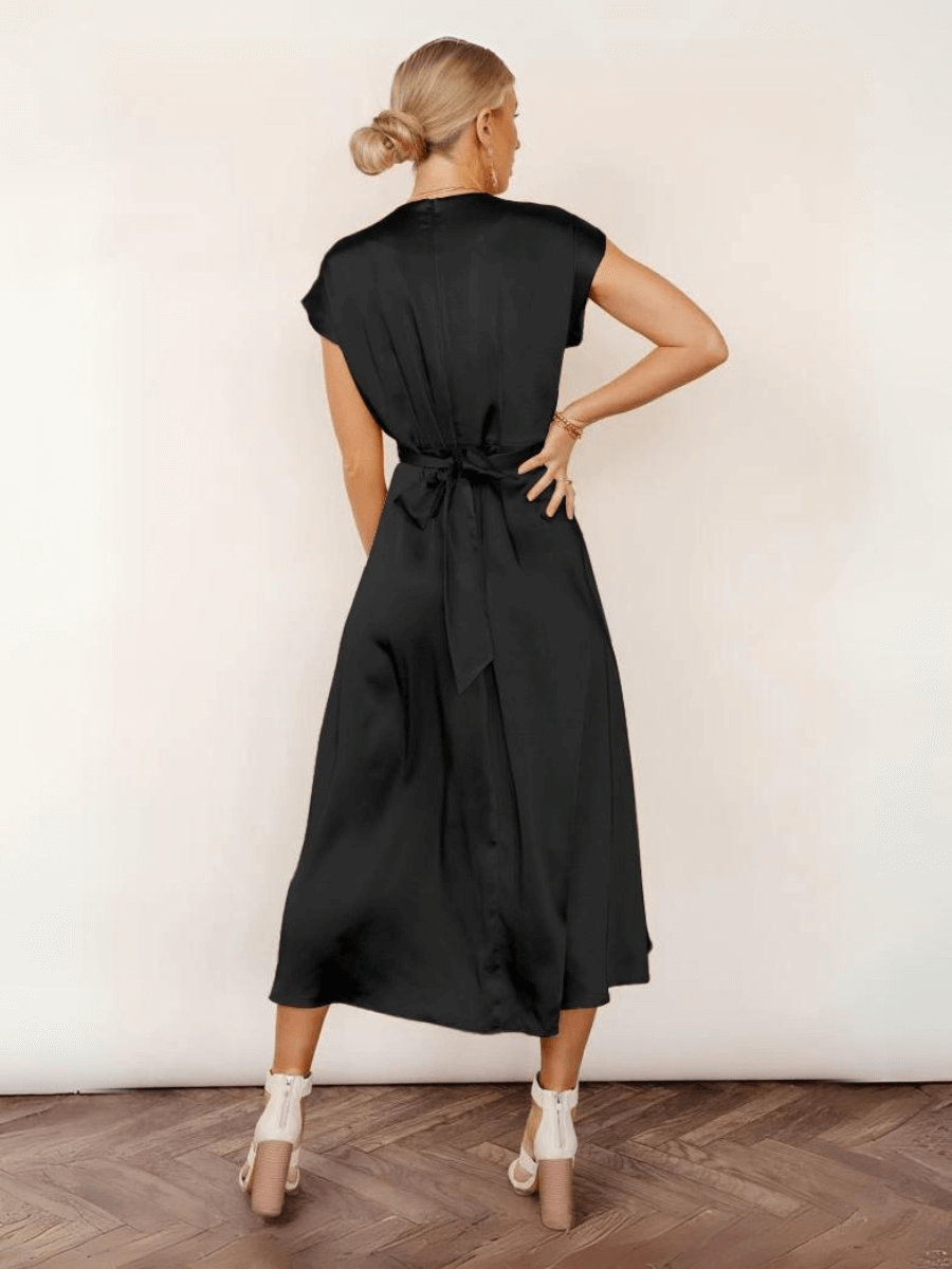 Theia Satin Short Sleeve Midi Dress - Black