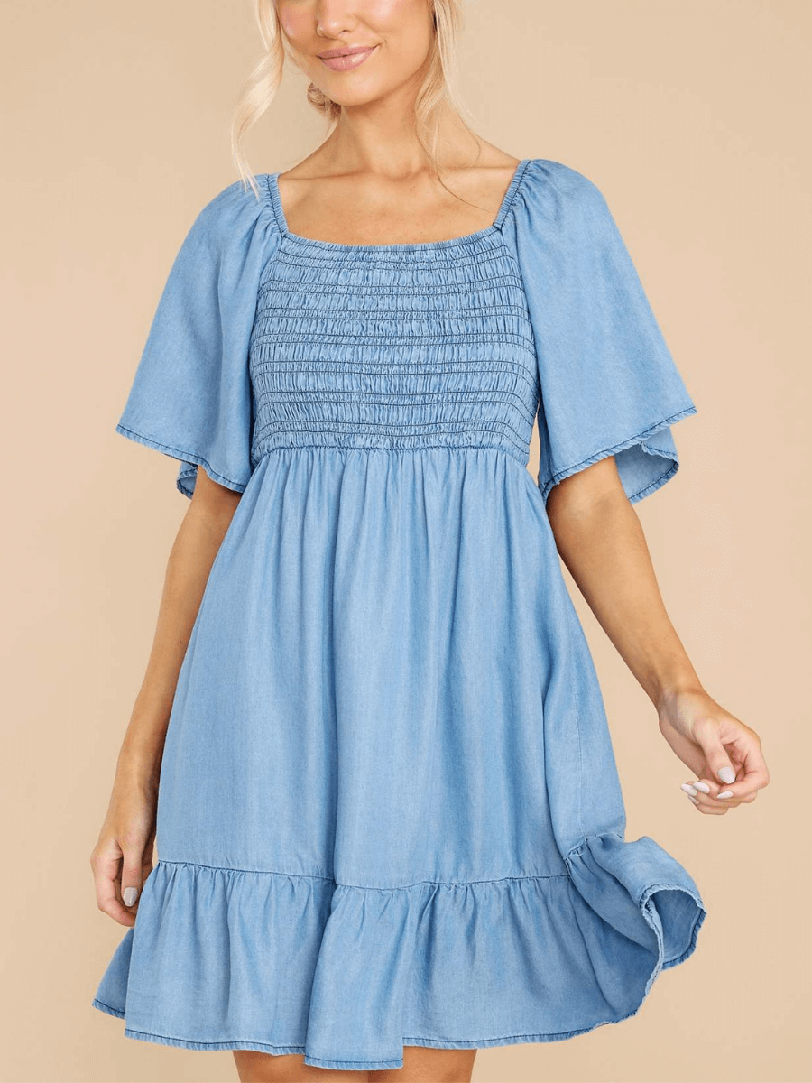 JAMIE BOW-TIERED DENIM MINI DRESS