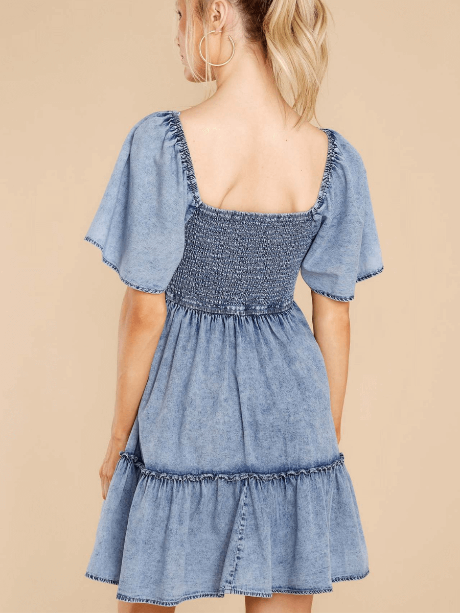 BILLY DENIM SMOCKED BABYDOLL MINI DRESS