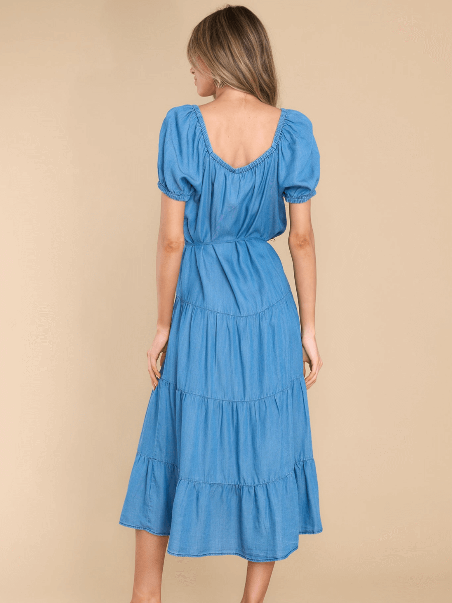 MADELINA TIERED COTTON BLEND DENIM MIDI DRESS