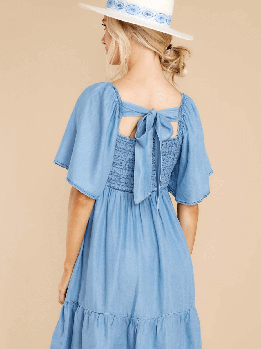 JAMIE BOW-TIERED DENIM MINI DRESS