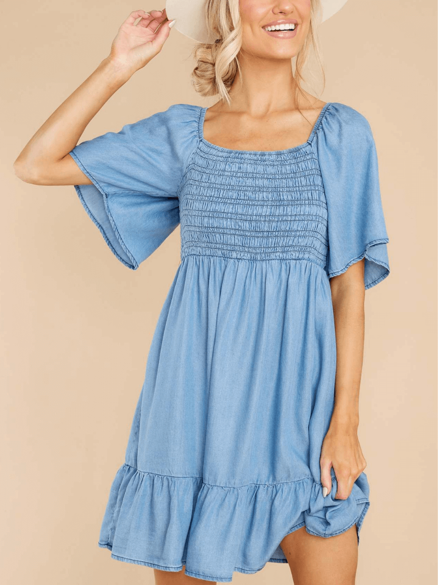 JAMIE BOW-TIERED DENIM MINI DRESS