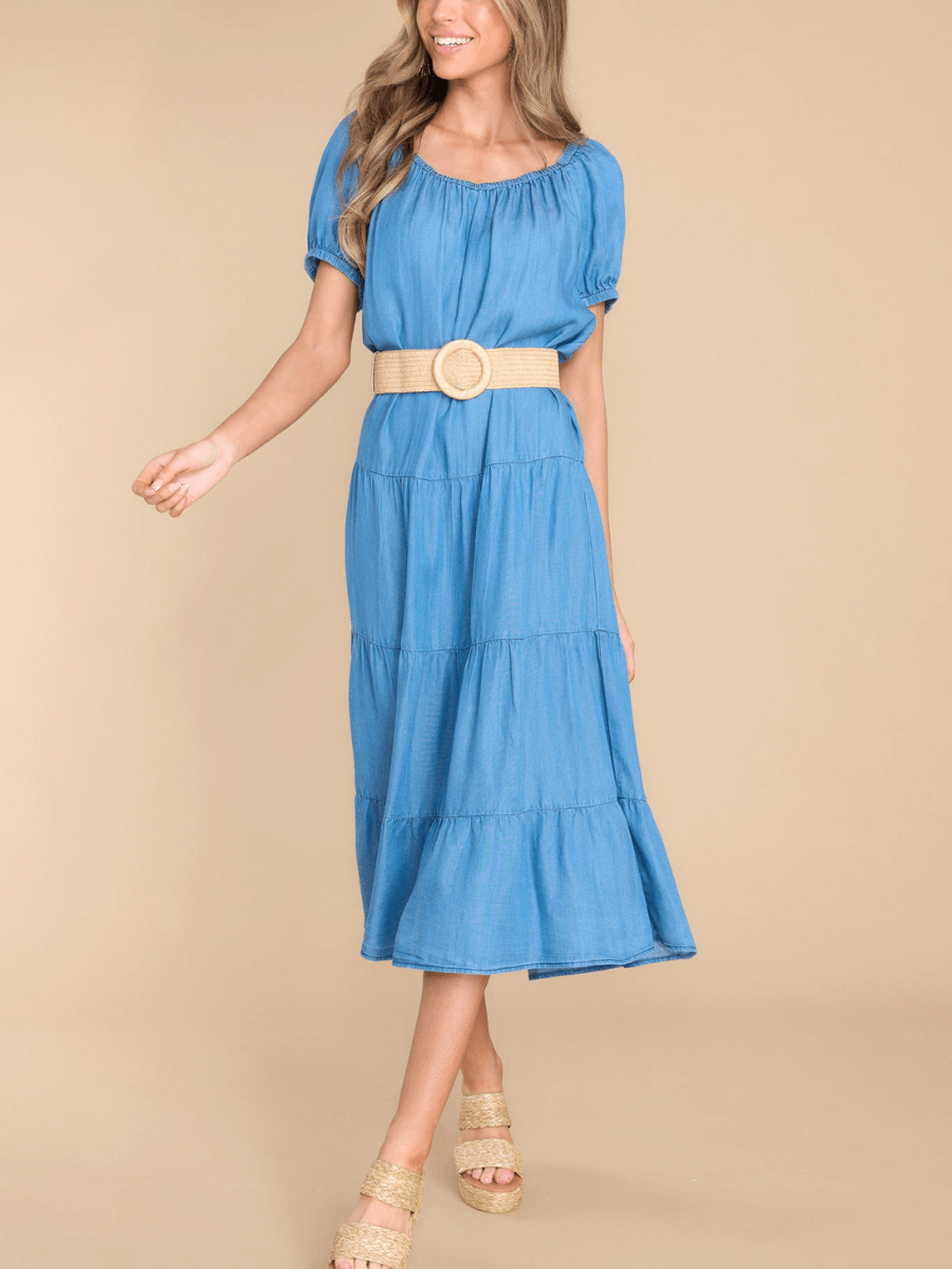 MADELINA TIERED COTTON BLEND DENIM MIDI DRESS