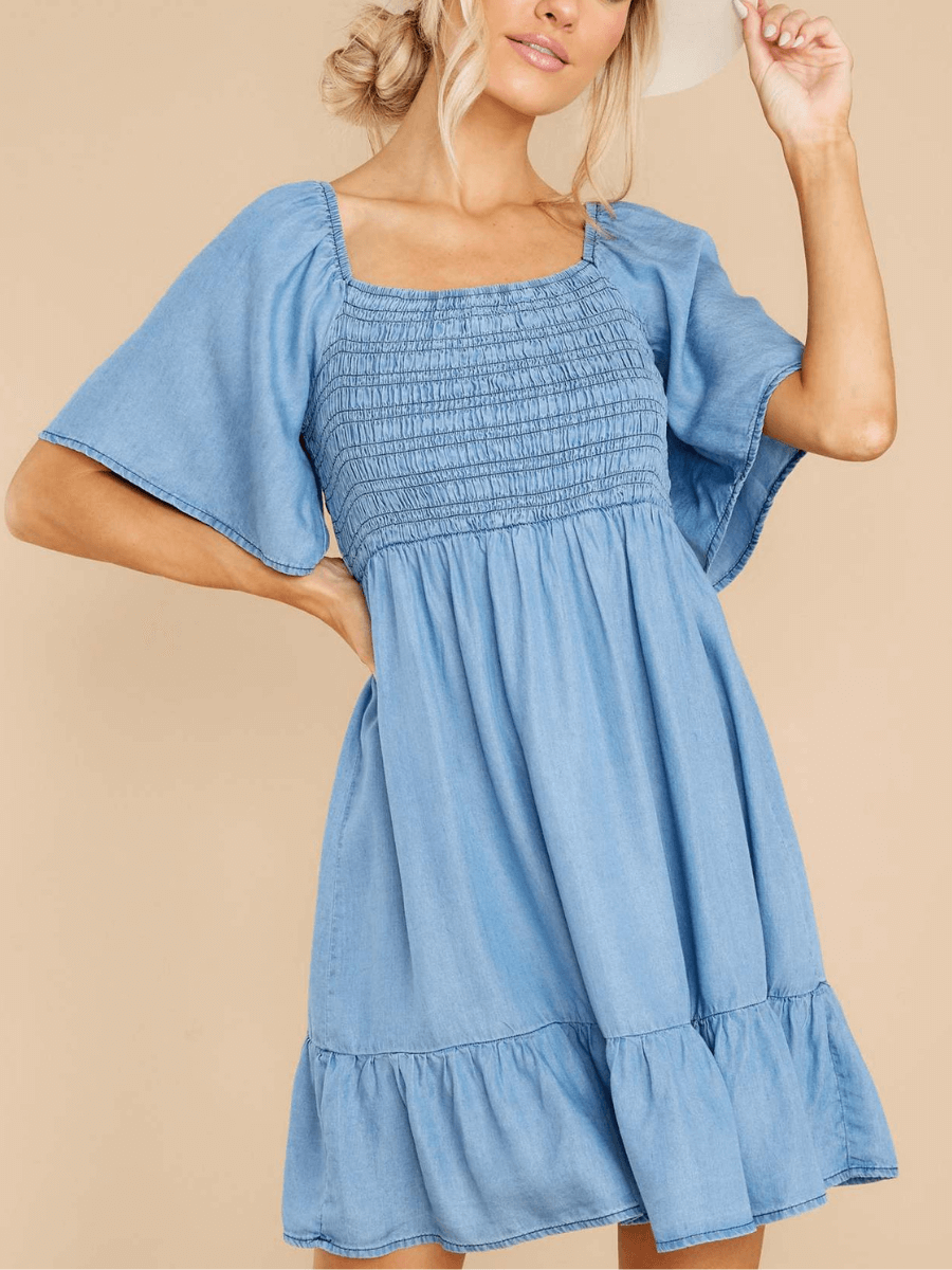 JAMIE BOW-TIERED DENIM MINI DRESS