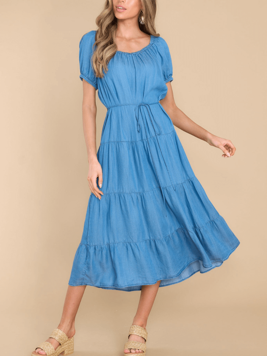 MADELINA TIERED COTTON BLEND DENIM MIDI DRESS