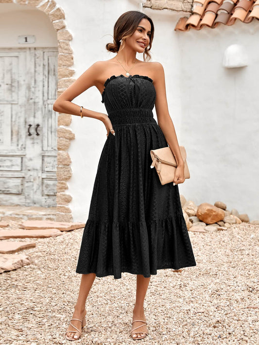 THE NEW YOU STRAPLESS LACE MIDI DRESS - BLACK