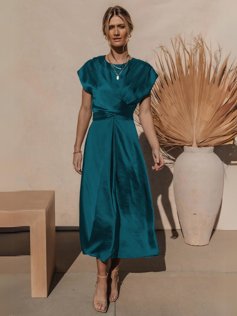 Theia Satin Short Sleeve Midi Dress - Teal