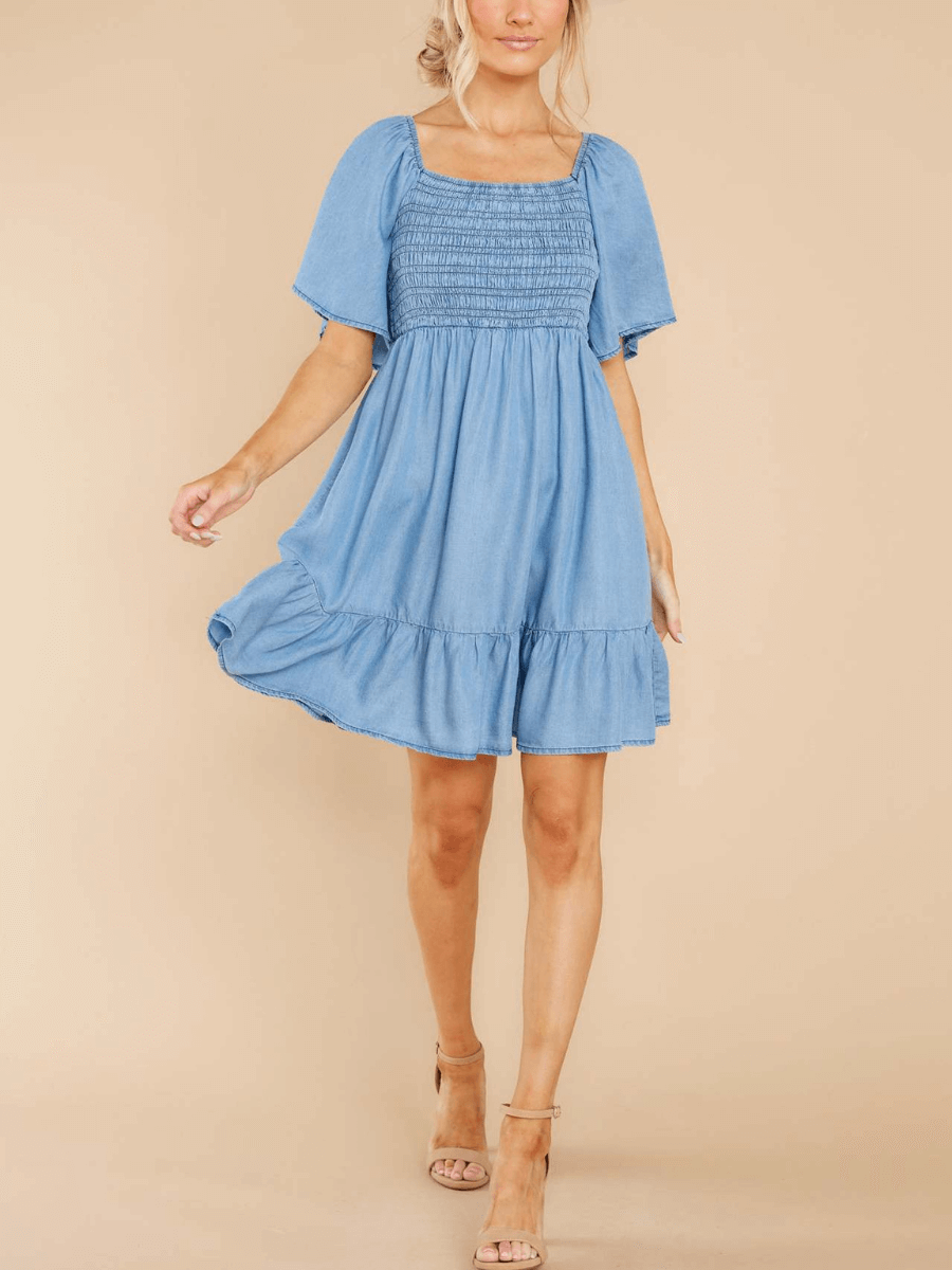 JAMIE BOW-TIERED DENIM MINI DRESS