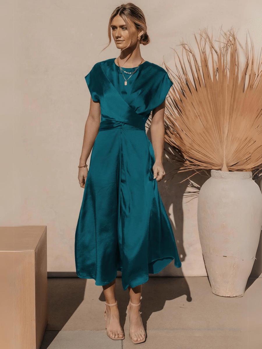 Theia Satin Short Sleeve Midi Dress - Teal