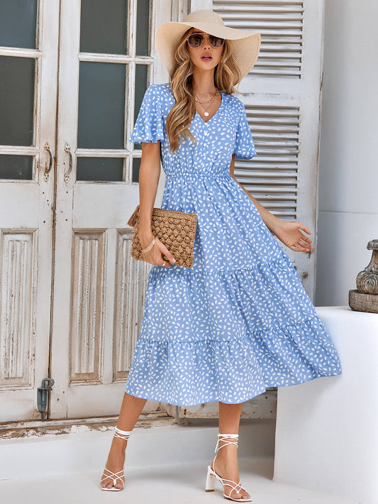 CHARLIE SHORT SLEEVE SPOT MIDI DRESS - BLUE