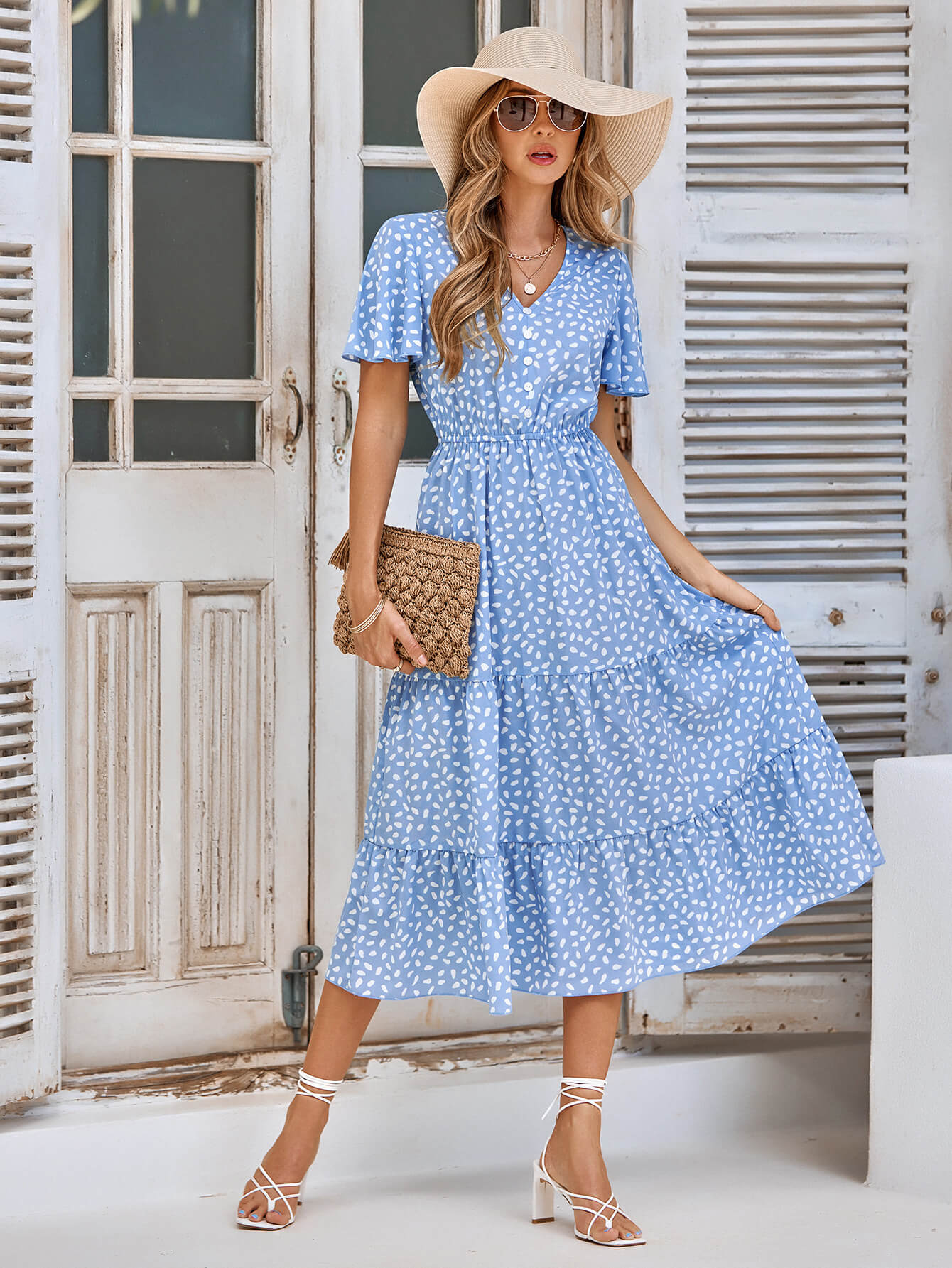 CHARLIE SHORT SLEEVE SPOT MIDI DRESS - BLUE