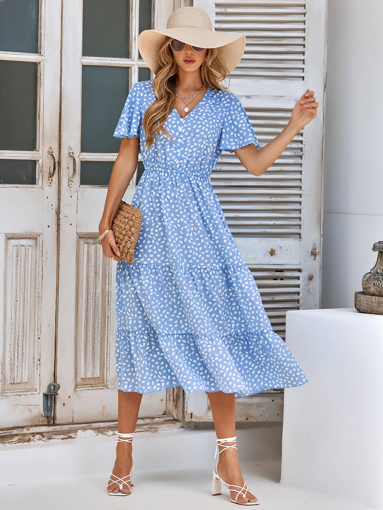 CHARLIE SHORT SLEEVE SPOT MIDI DRESS - BLUE