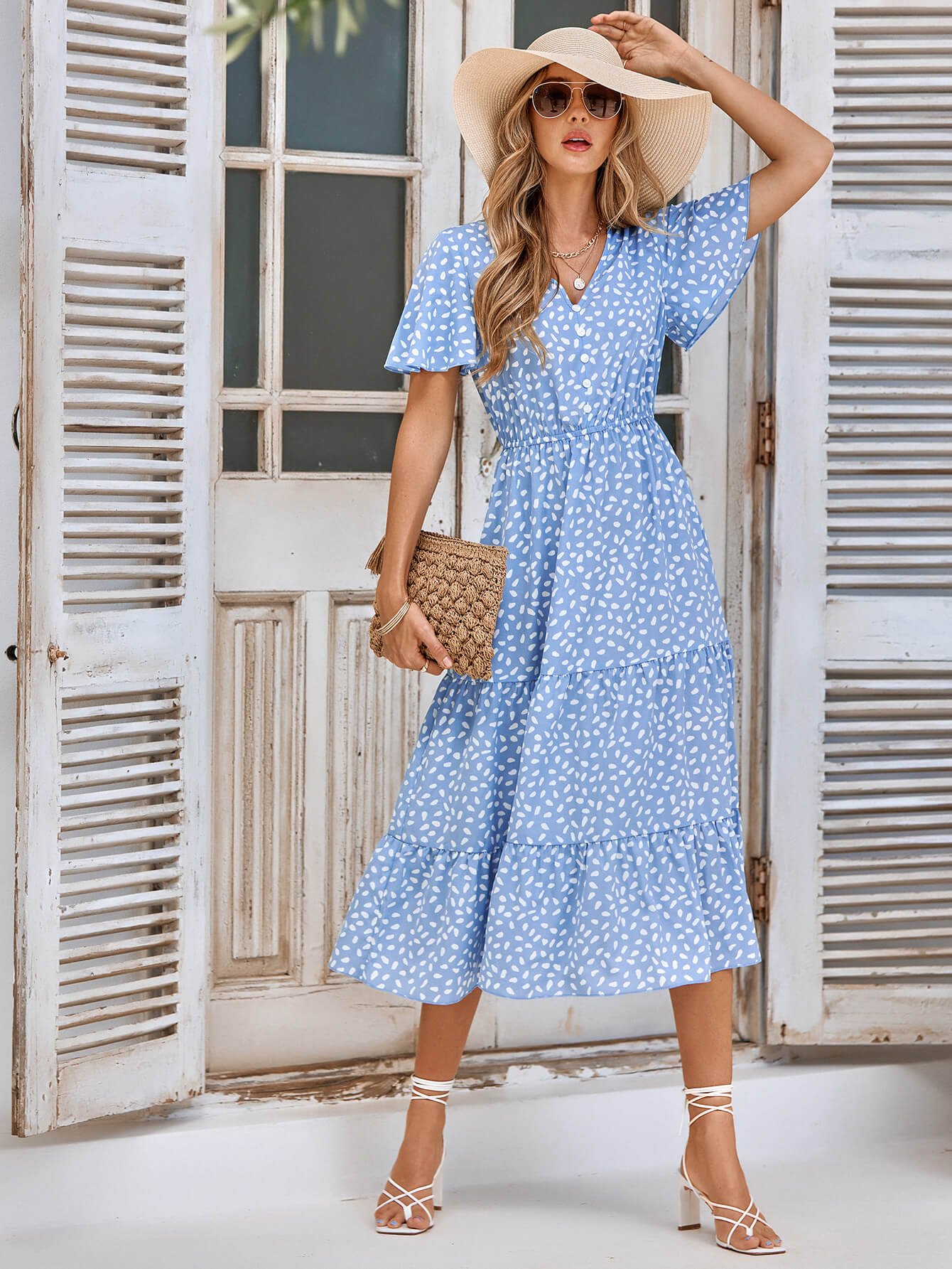 CHARLIE SHORT SLEEVE SPOT MIDI DRESS - BLUE