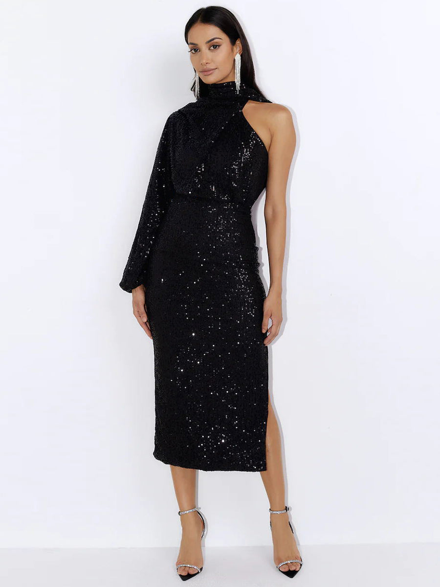 Layton Sequin One-Shoulder Midi Dress - Black