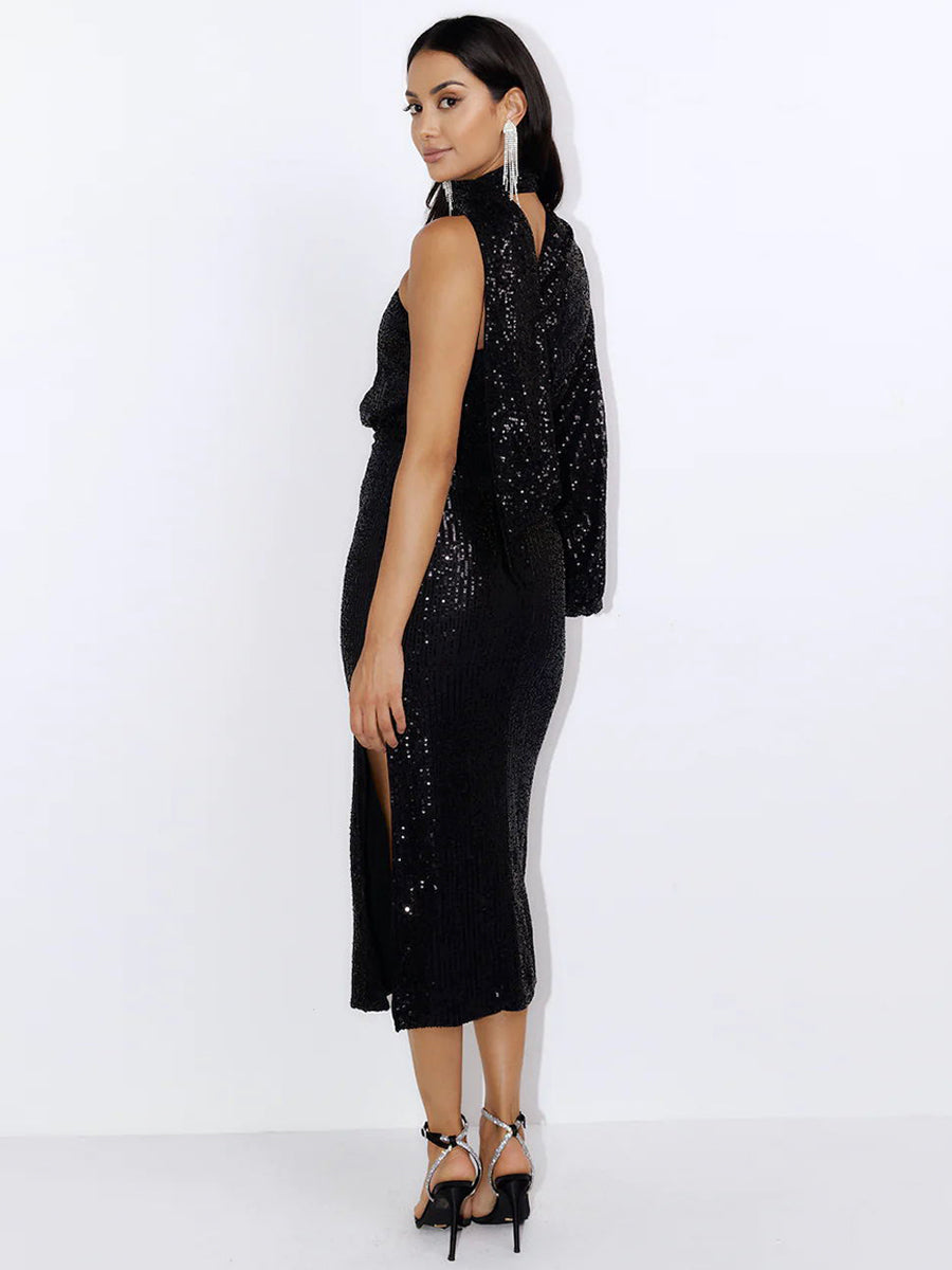 Layton Sequin One-Shoulder Midi Dress - Black