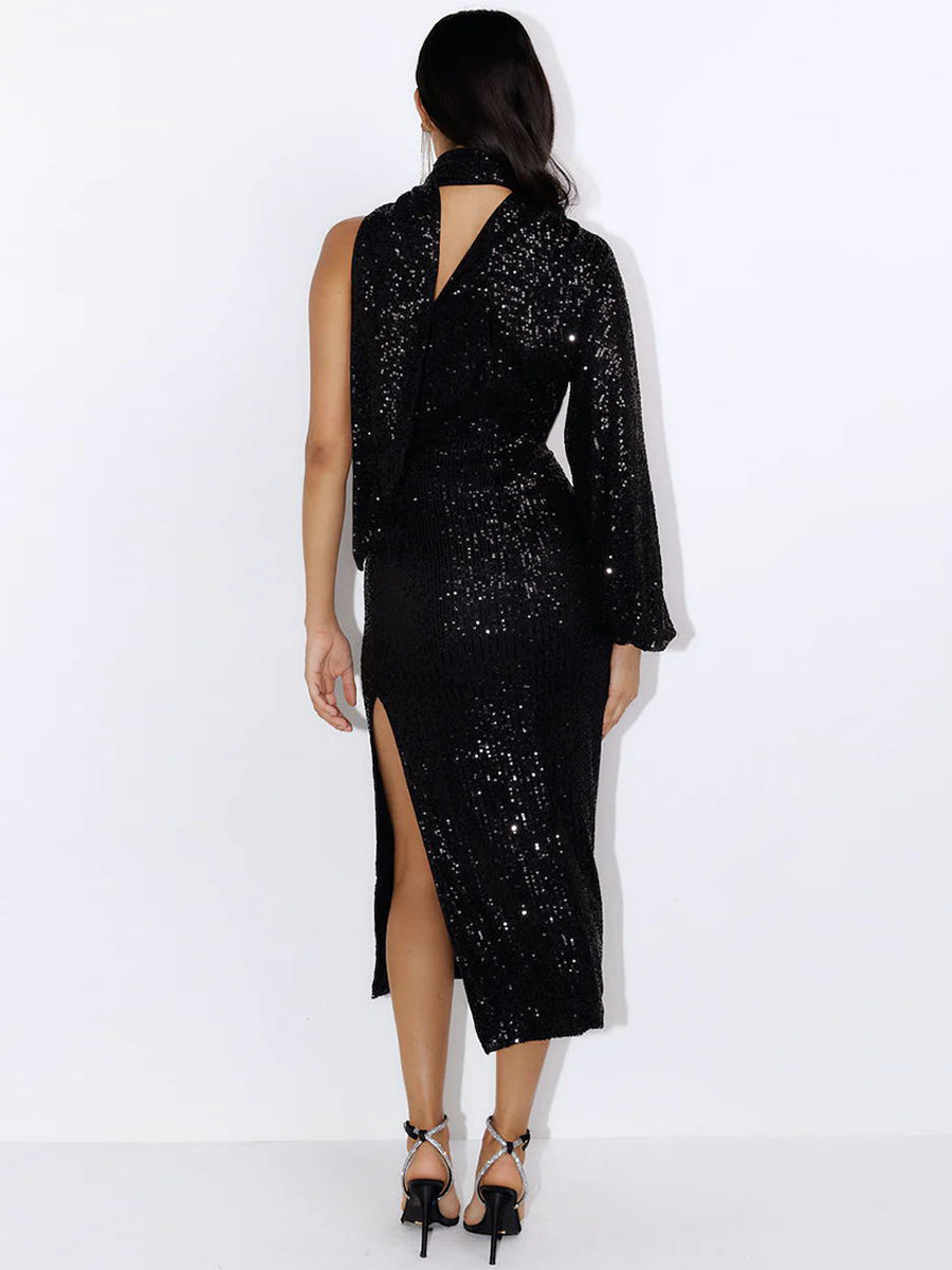 Layton Sequin One-Shoulder Midi Dress - Black