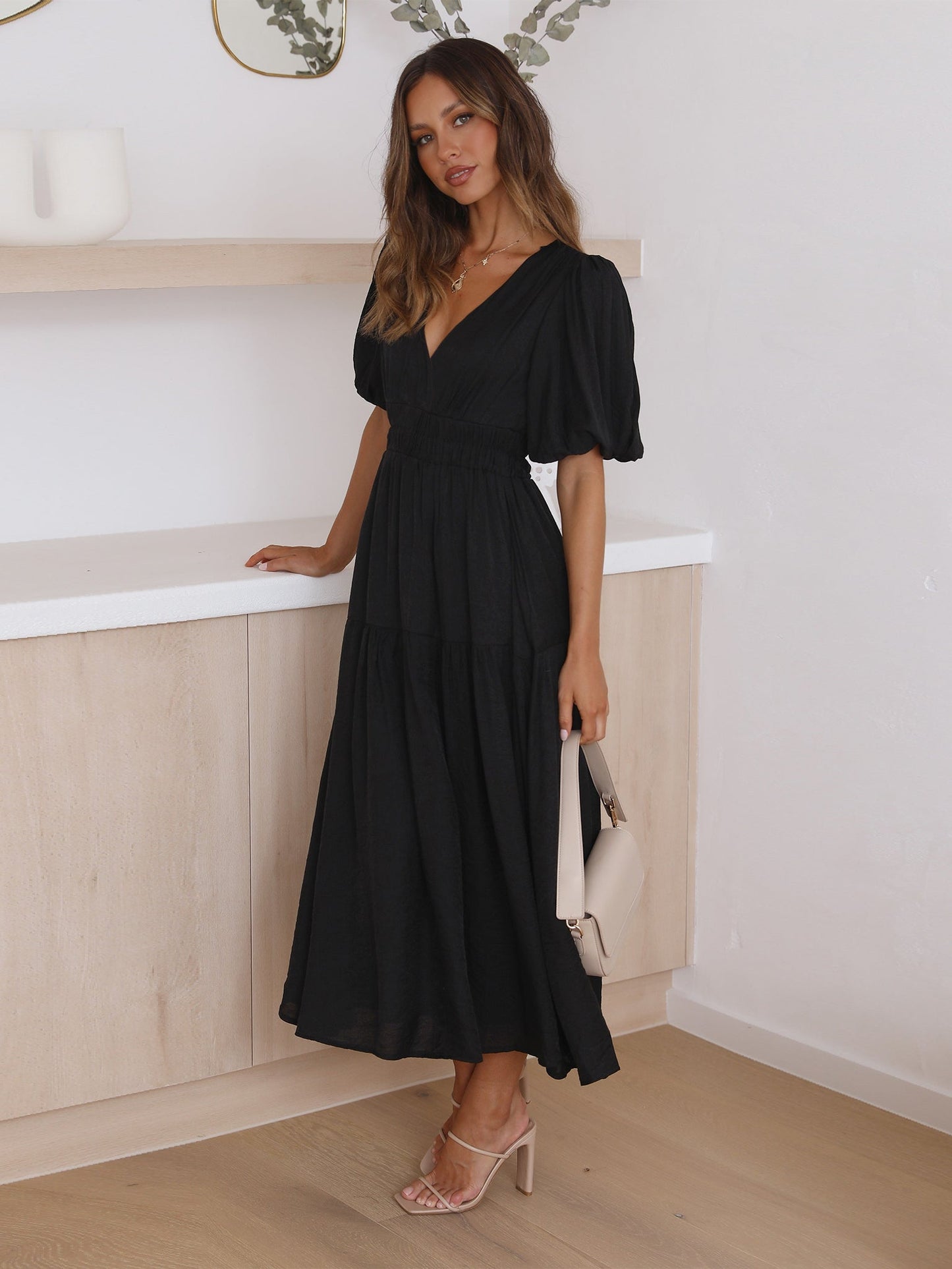 KIMONA SMOCKED SHORT SLEEVE MAXI DRESS - BLACK