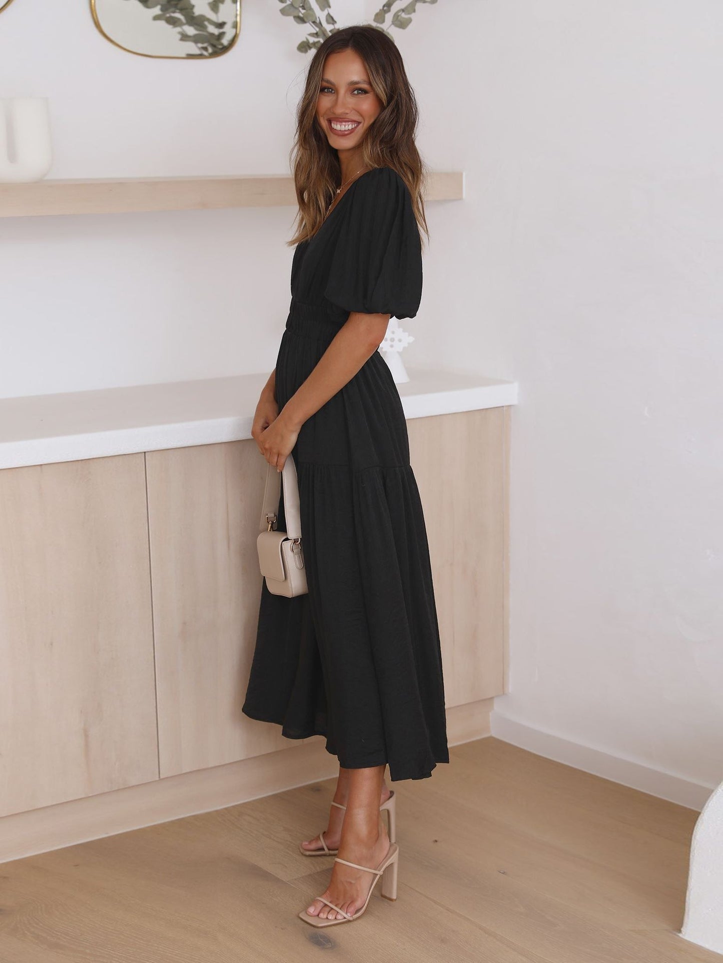 KIMONA SMOCKED SHORT SLEEVE MAXI DRESS - BLACK