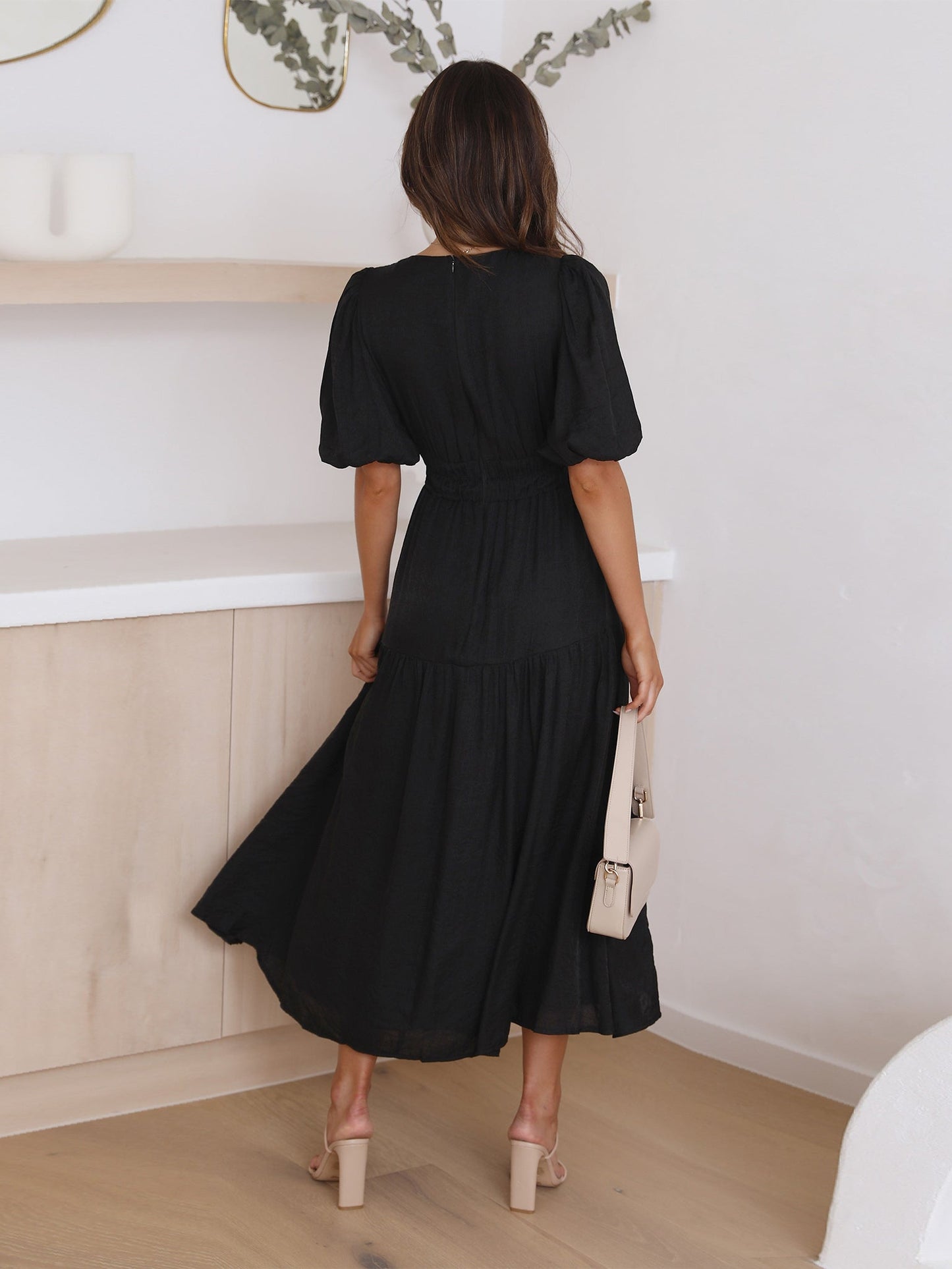 KIMONA SMOCKED SHORT SLEEVE MAXI DRESS - BLACK