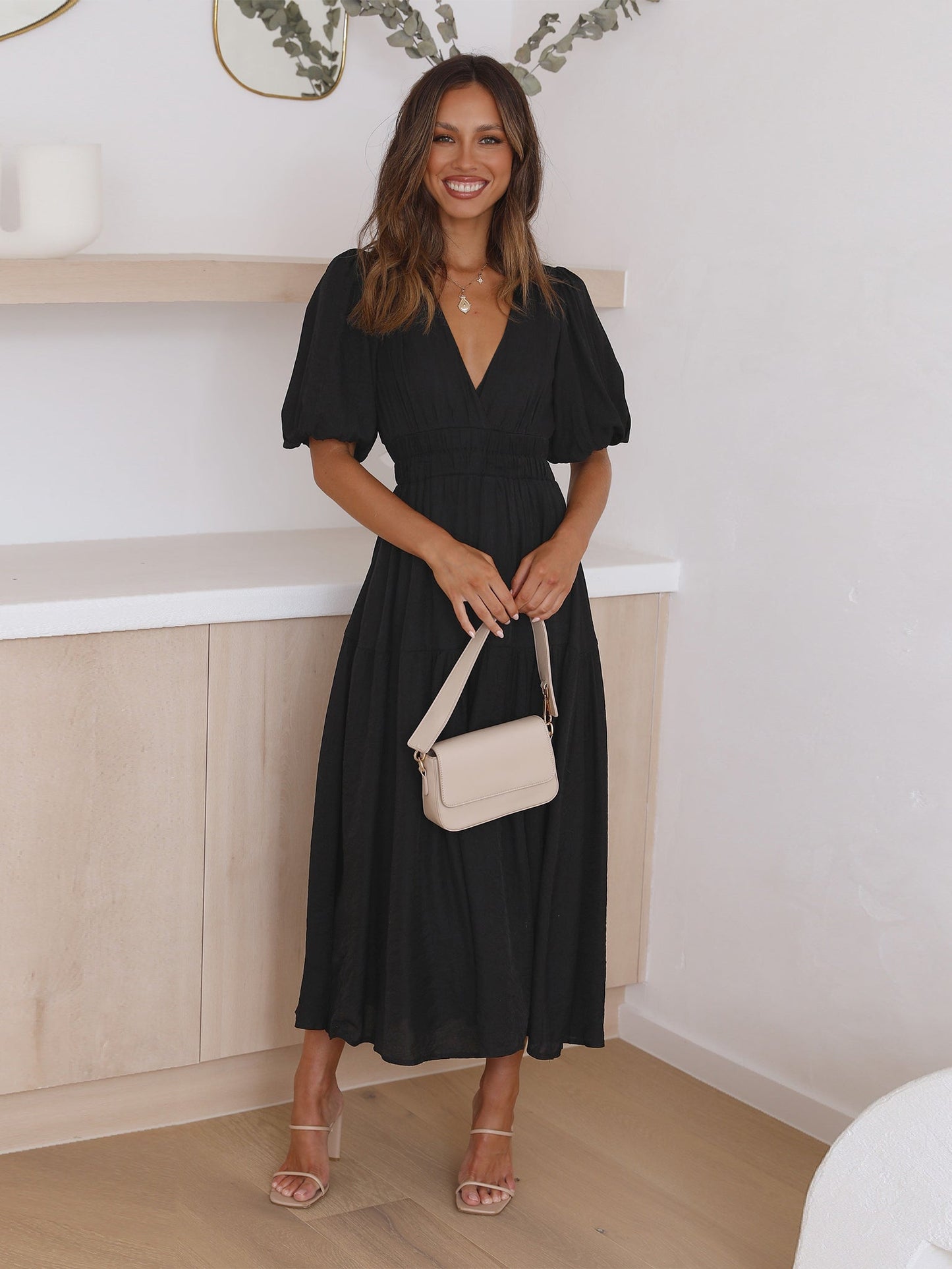 KIMONA SMOCKED SHORT SLEEVE MAXI DRESS - BLACK