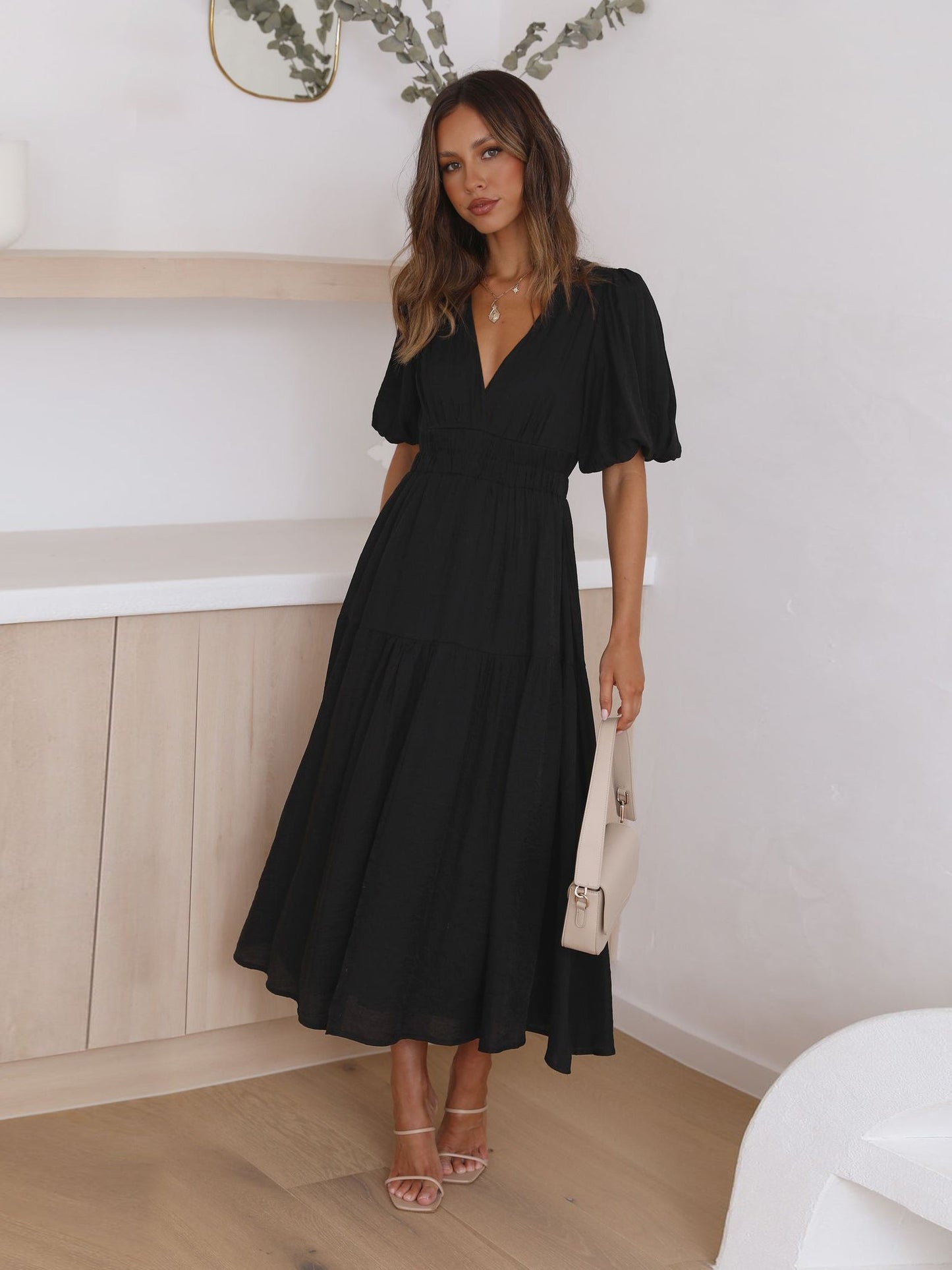 KIMONA SMOCKED SHORT SLEEVE MAXI DRESS - BLACK