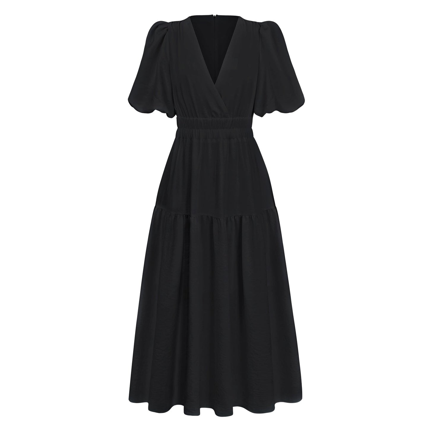 KIMONA SMOCKED SHORT SLEEVE MAXI DRESS - BLACK