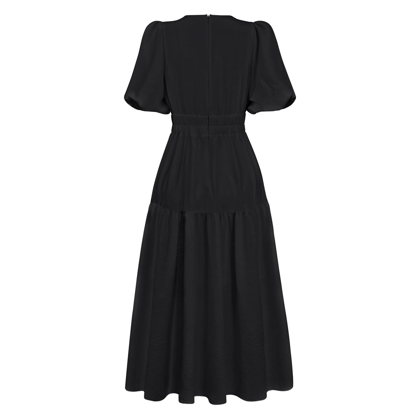 KIMONA SMOCKED SHORT SLEEVE MAXI DRESS - BLACK