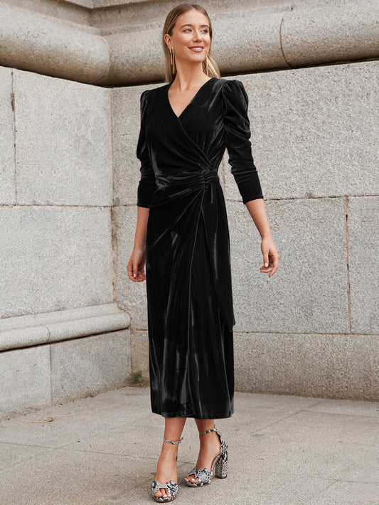 Florence Metallic Velvet Tie Waist Midi Dress - Black