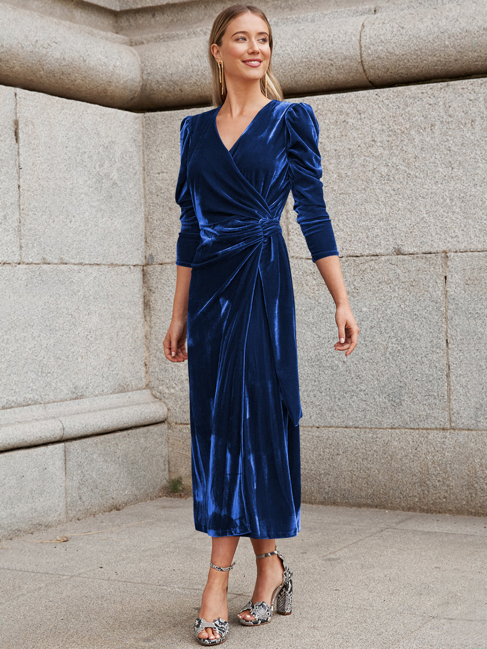 Florence Metallic Velvet Tie Waist Midi Dress - Sapphire