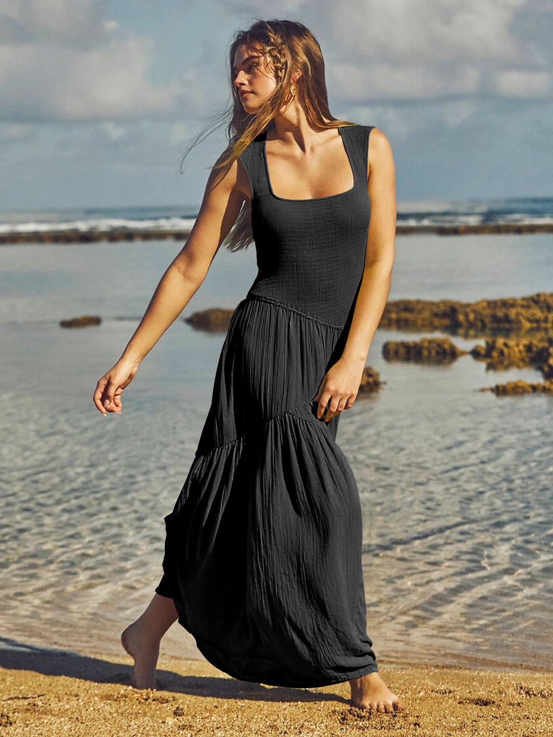 Feminine Frills Smocked Maxi Dress - Black