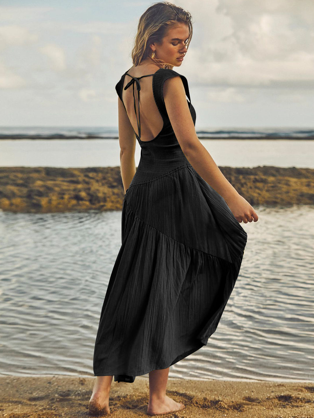 Feminine Frills Smocked Maxi Dress - Black