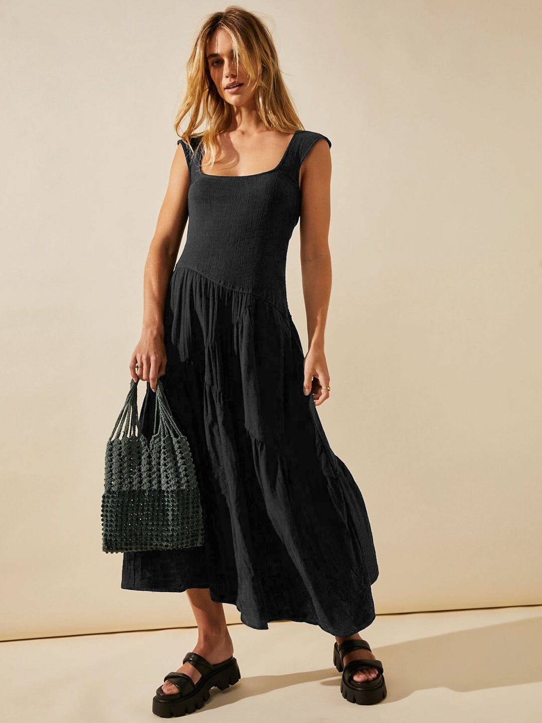 Feminine Frills Smocked Maxi Dress - Black