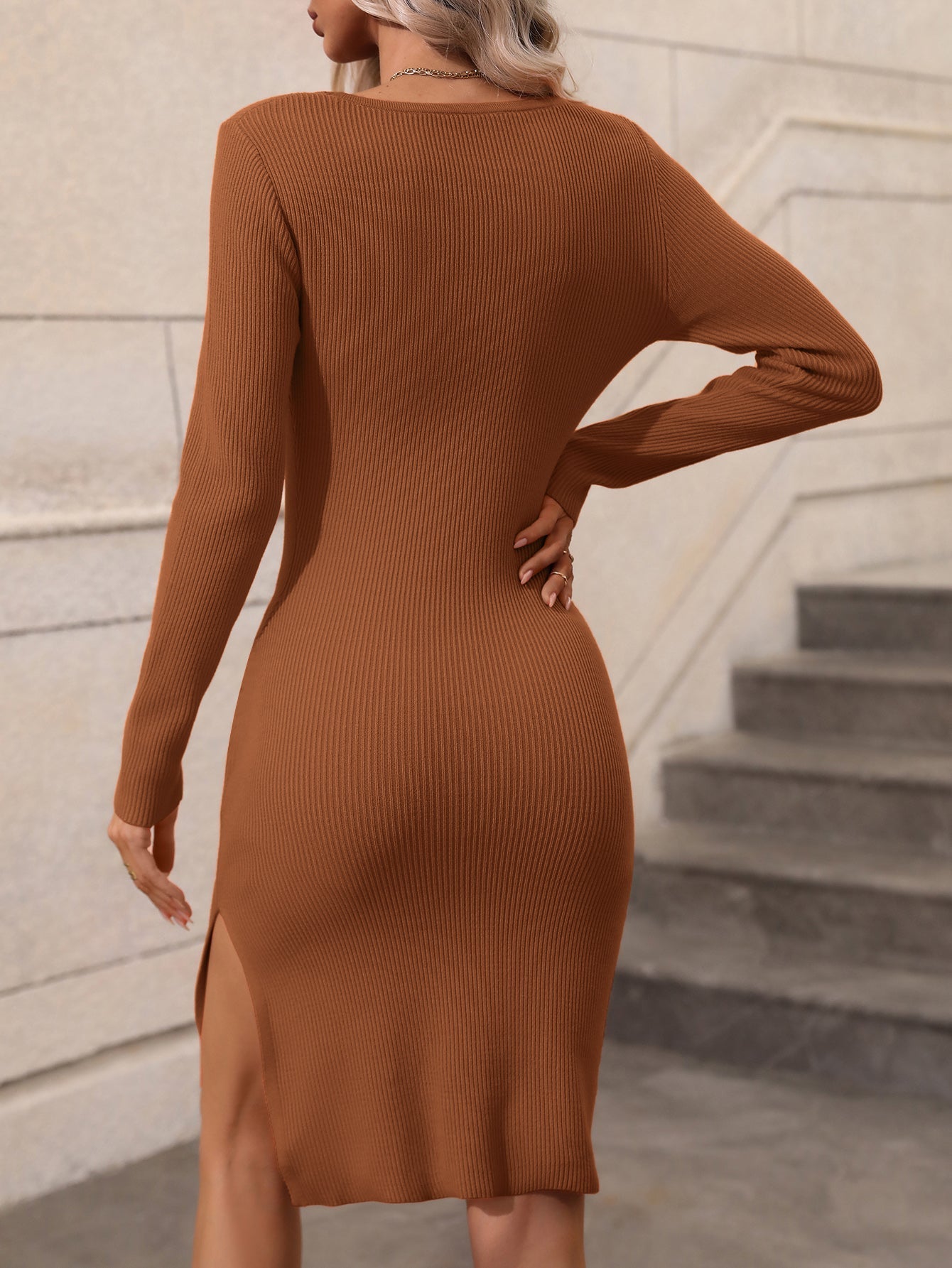 KELLY RIBBED COLOR BLOCK MIDI DRESS - MOCHA