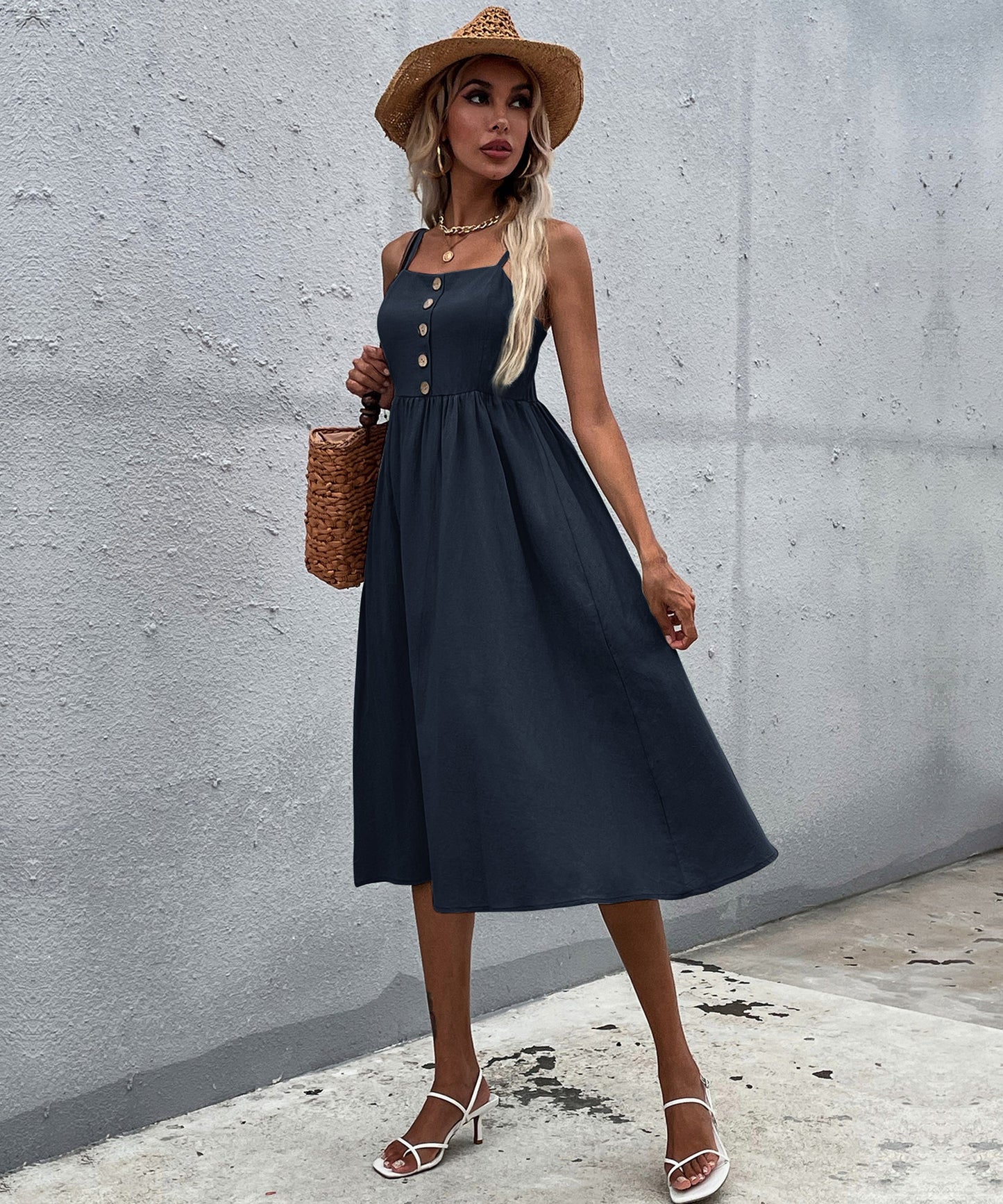 LINDSAY Linen Blend Dress - Navy