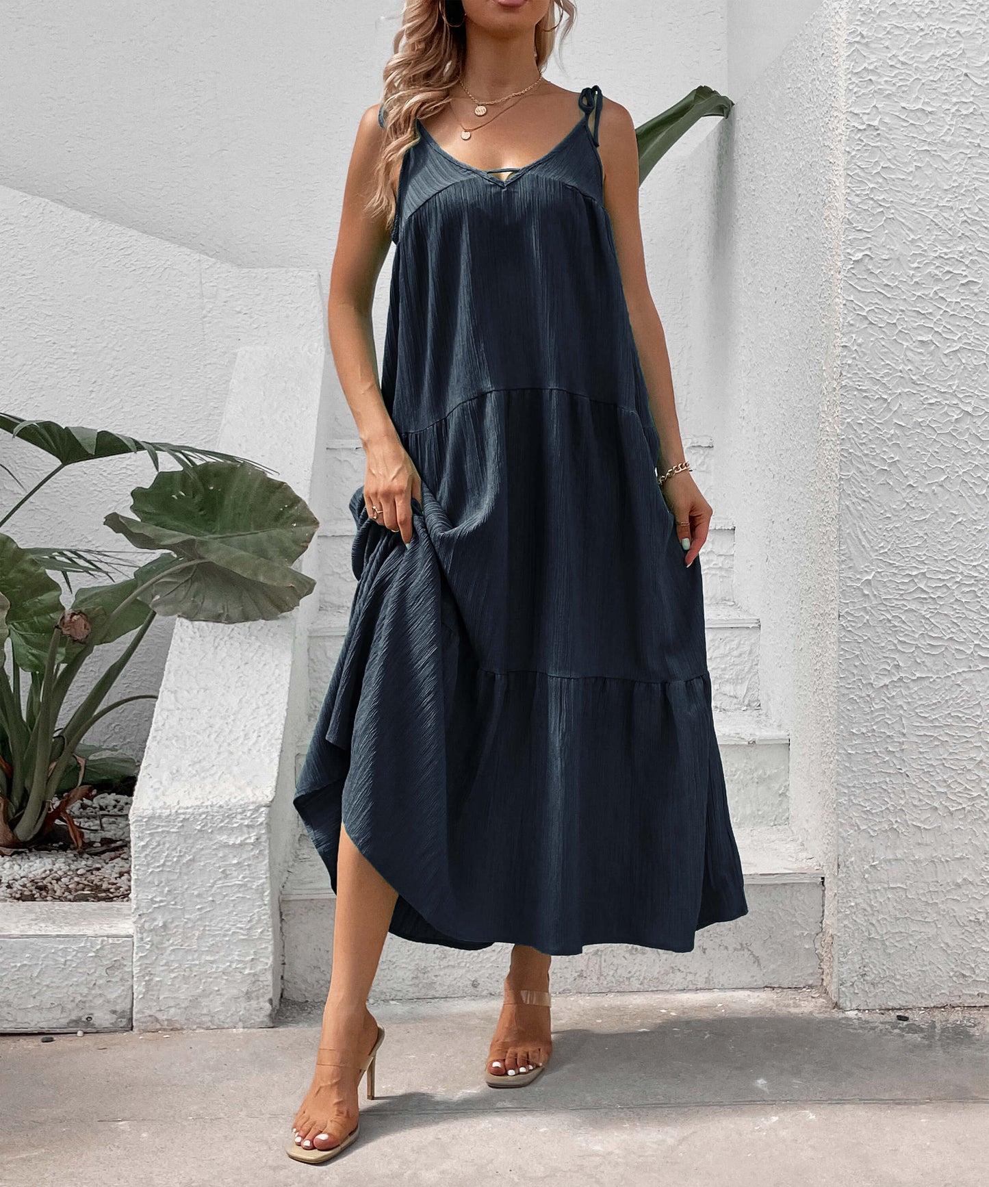 Shayna Flowy Tiered Maxi Dress - Navy