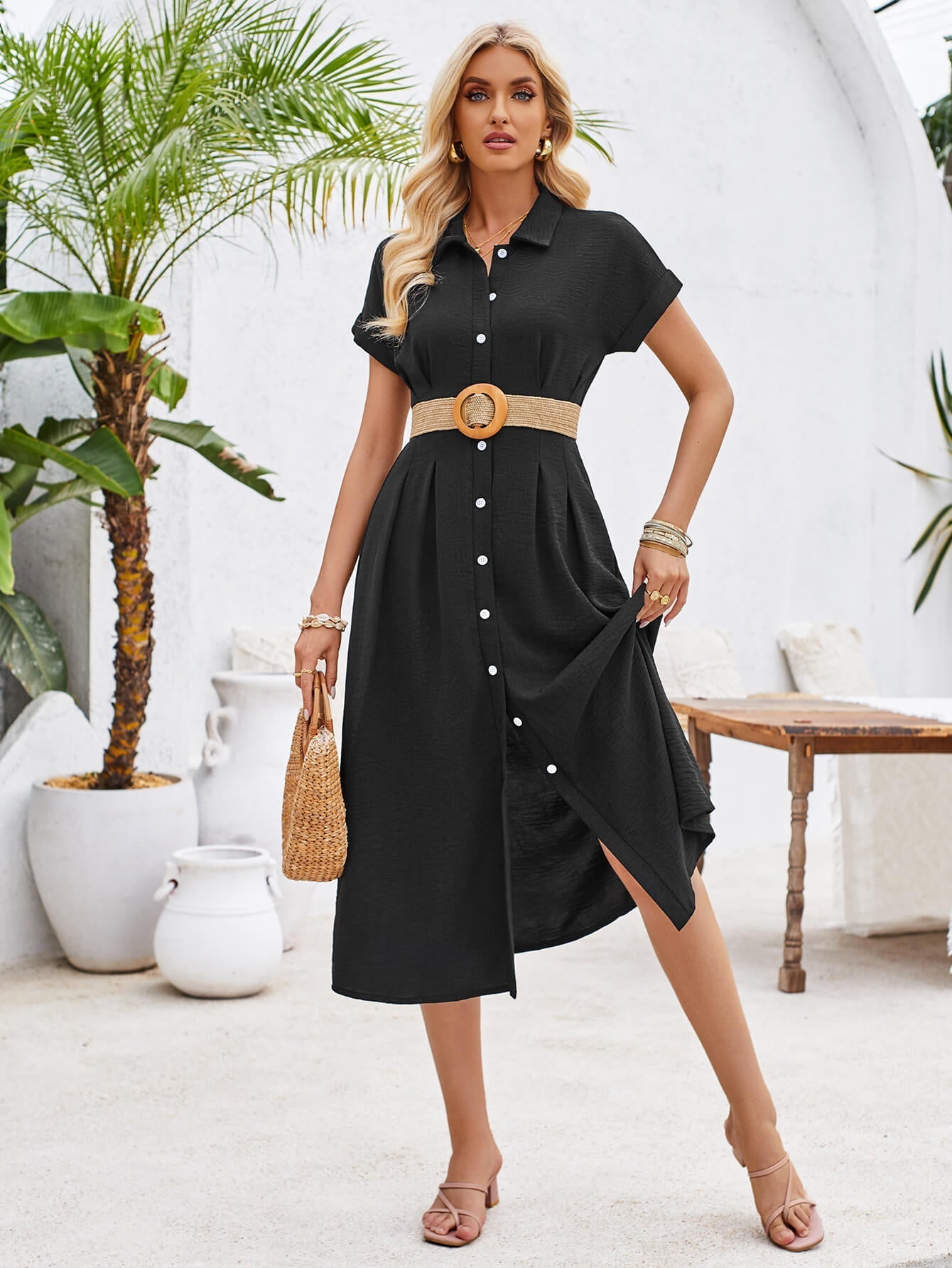 Abigail Collared Midi Shirt Dress - Black