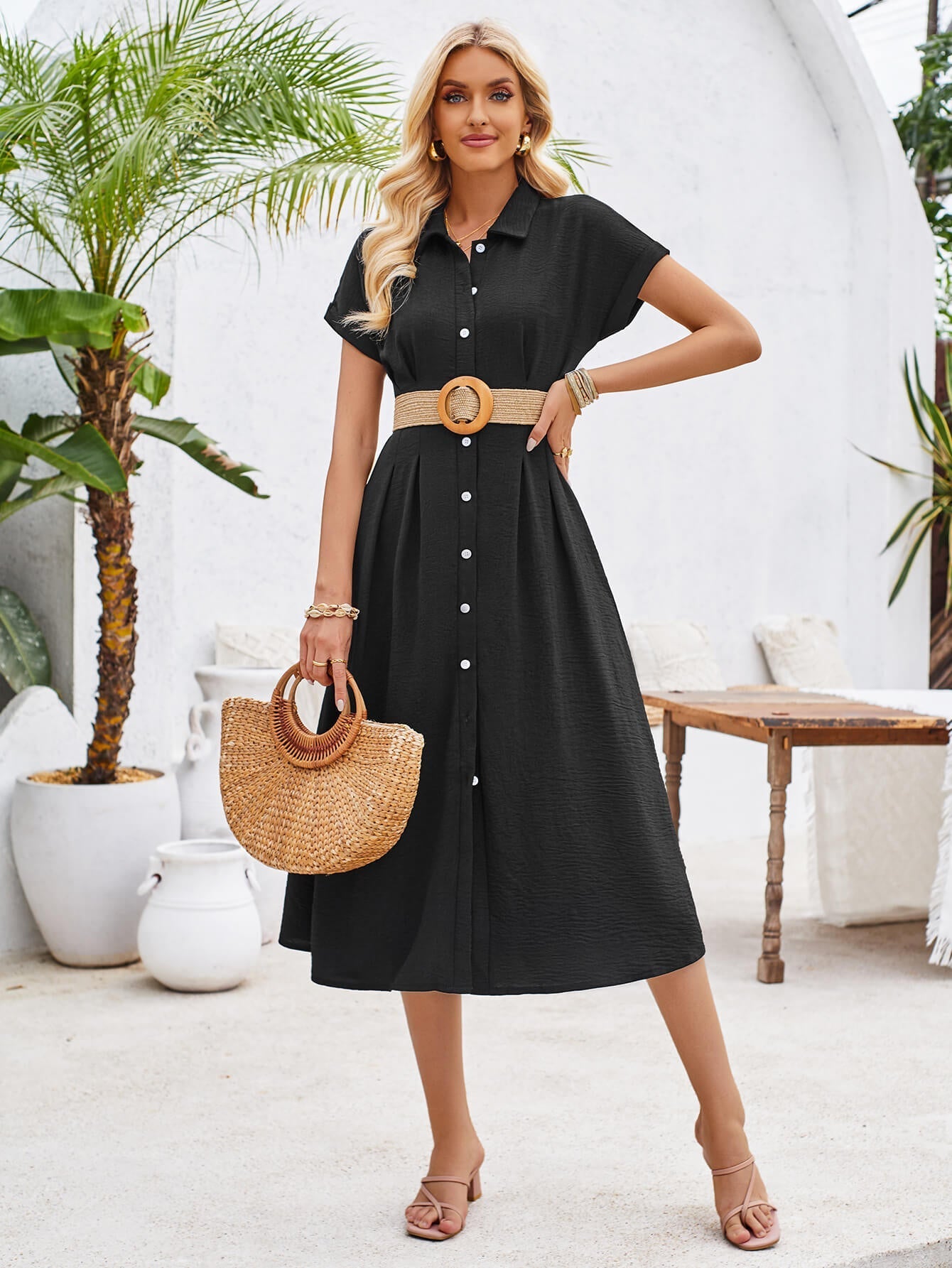 Abigail Collared Midi Shirt Dress - Black