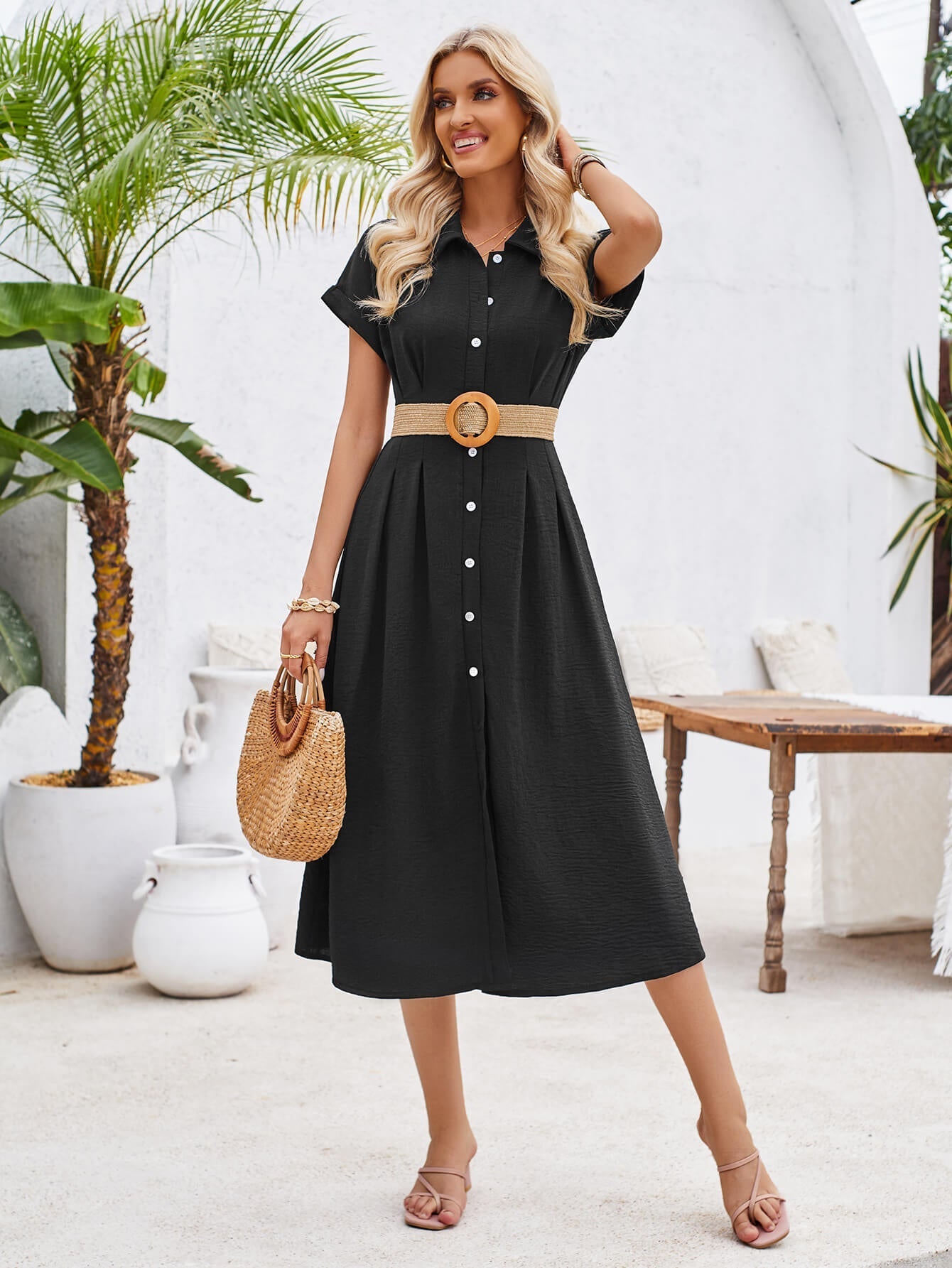 Abigail Collared Midi Shirt Dress - Black