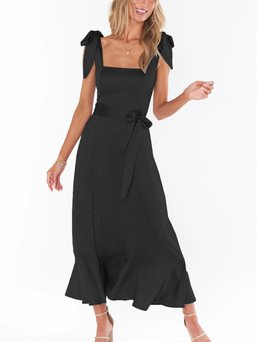 AVIANCA SHOULDER TIE BRIDAL MIDI DRESS - BLACK