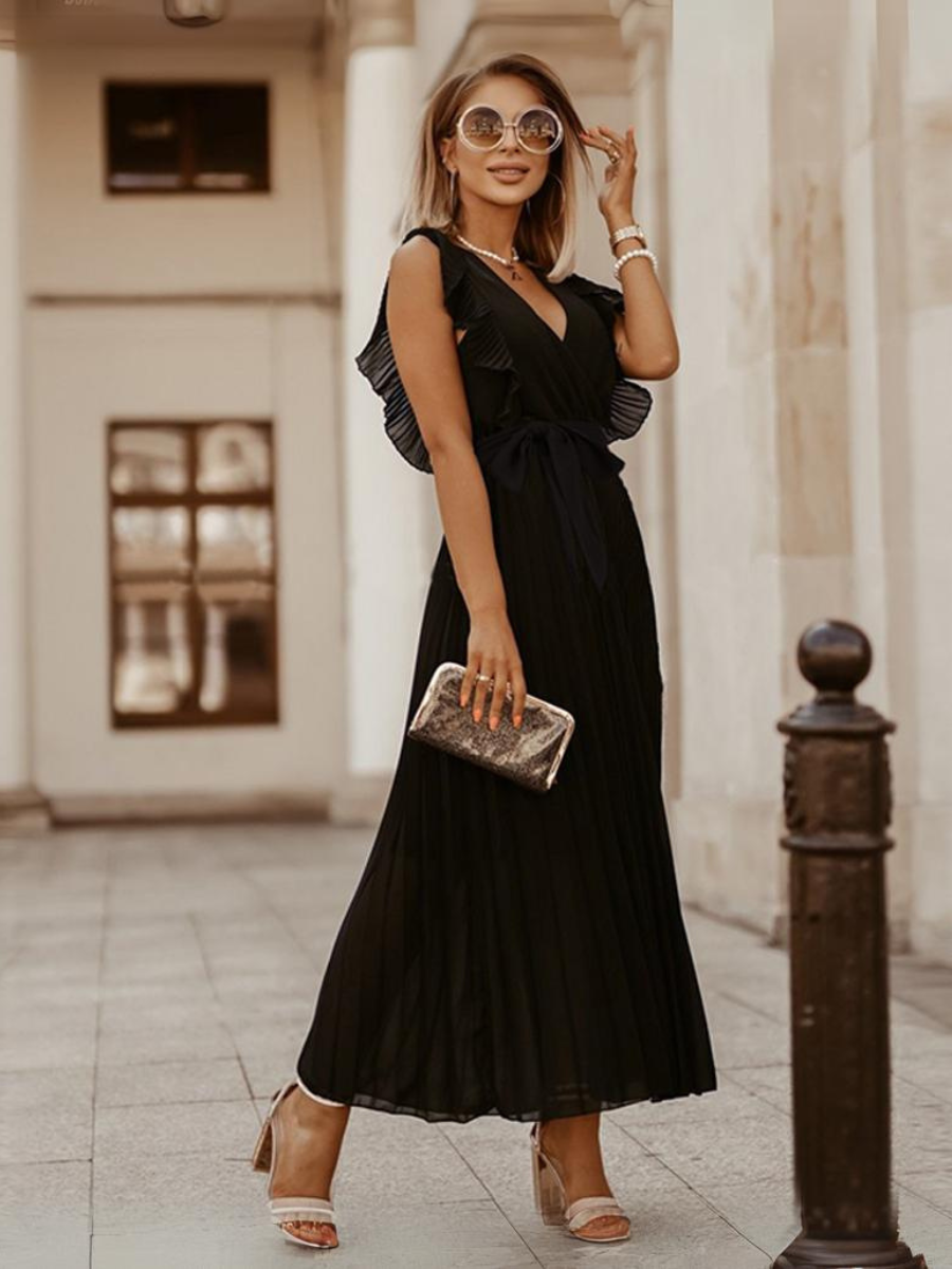 Elisha Plisse Ruffle Shoulder Midi Dress - Black