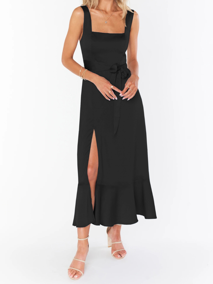 AVIANCA SHOULDER TIE BRIDAL MIDI DRESS - BLACK