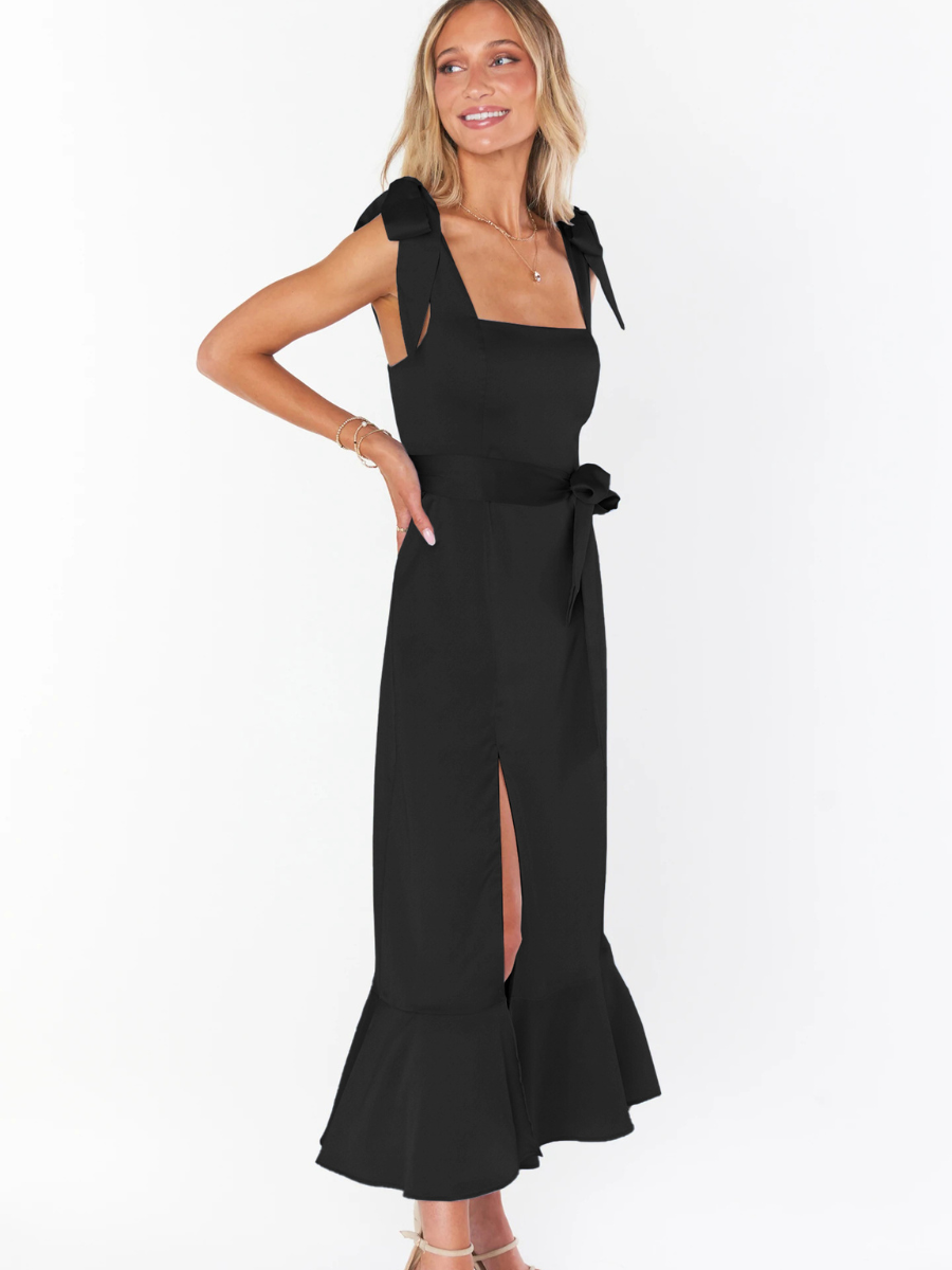 AVIANCA SHOULDER TIE BRIDAL MIDI DRESS - BLACK