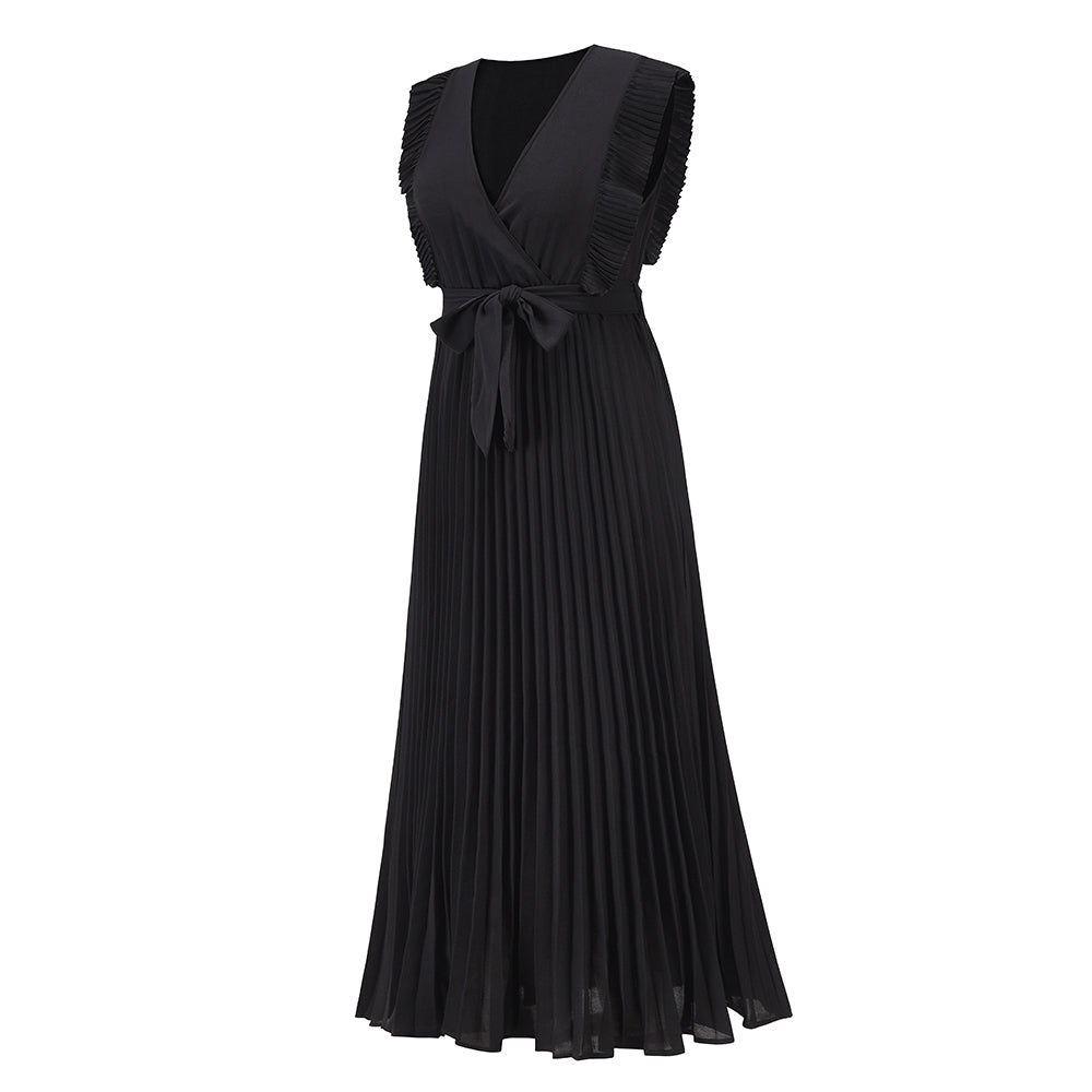 Elisha Plisse Ruffle Shoulder Midi Dress - Black