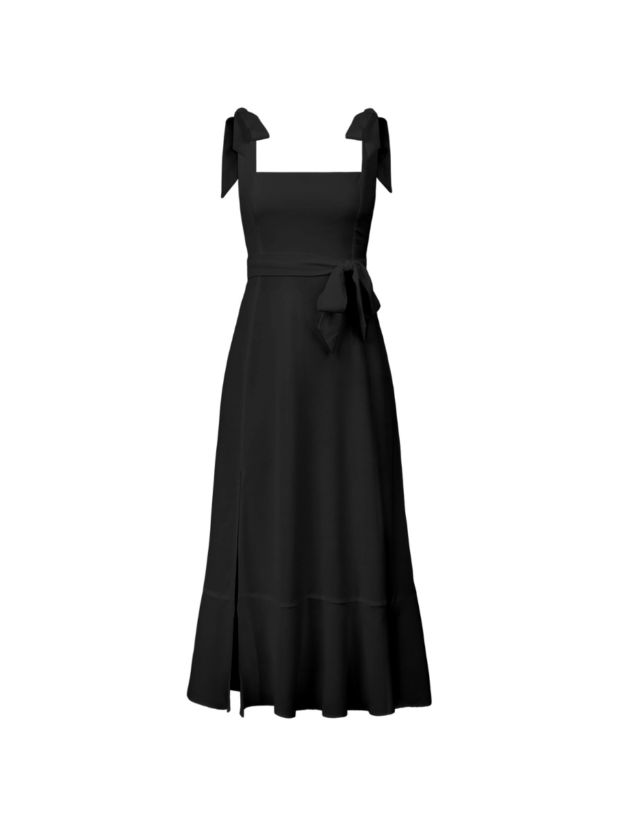 AVIANCA SHOULDER TIE BRIDAL MIDI DRESS - BLACK