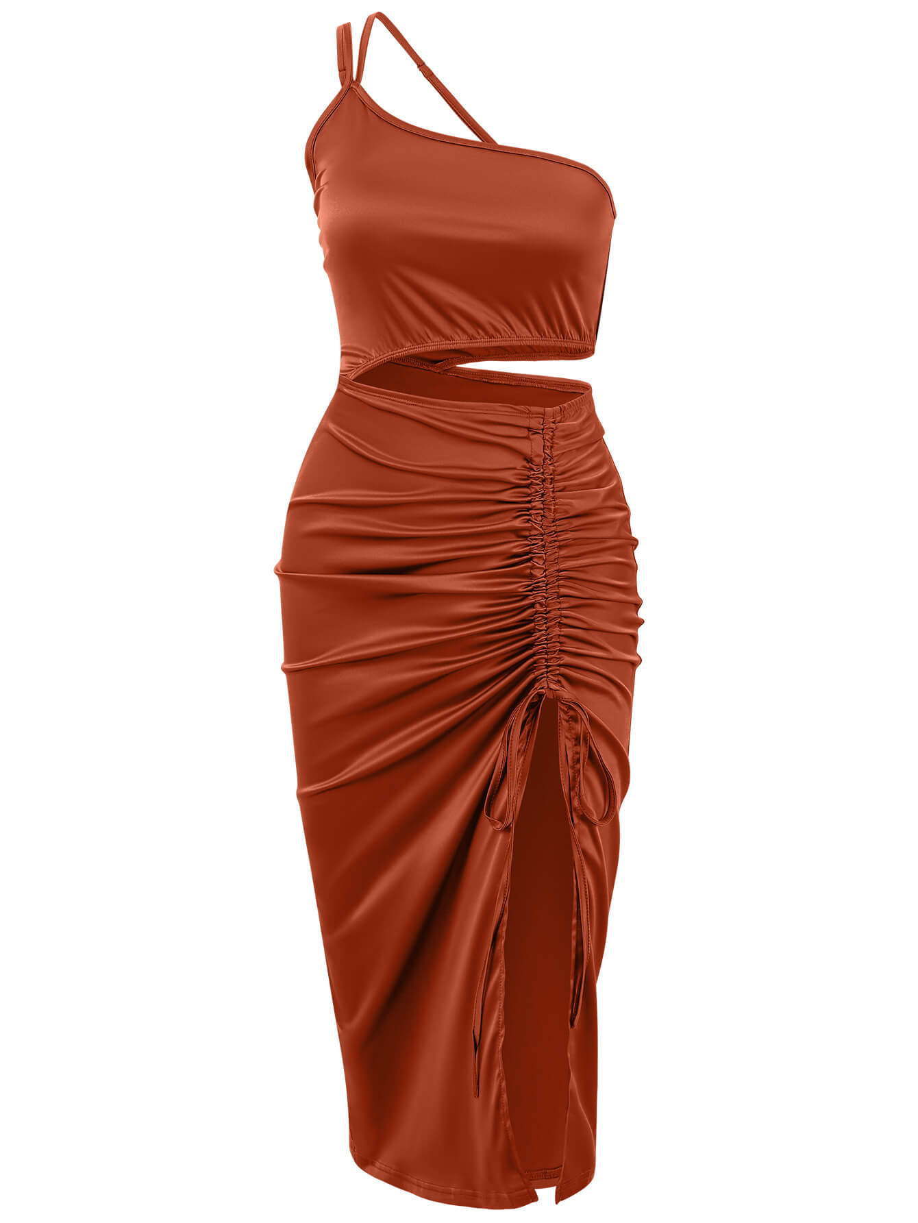 Vianne One-Shoulder Satin Midi Dress - Brown