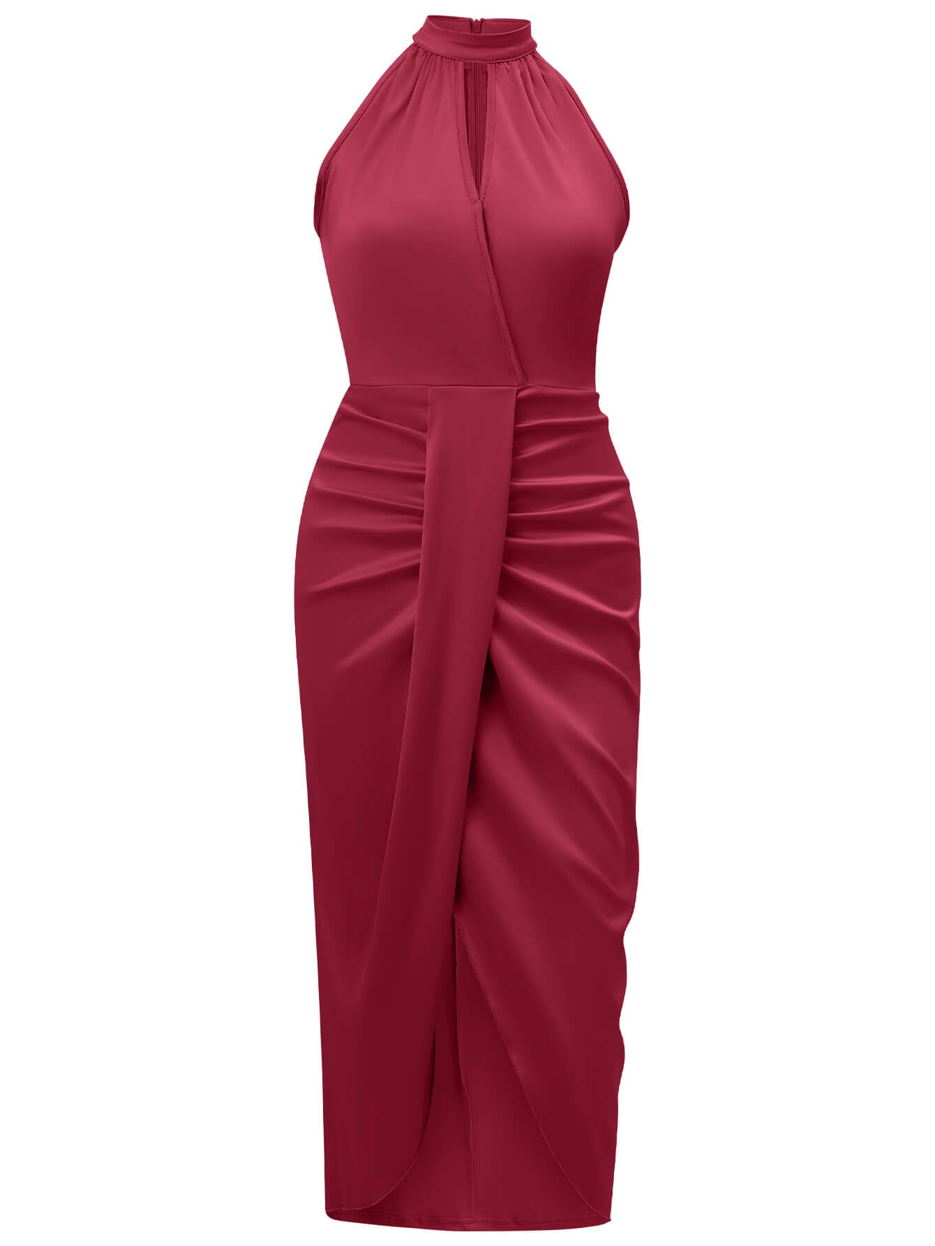 Serenity Halter Neck Slit Satin Midi Dress - Burgundy